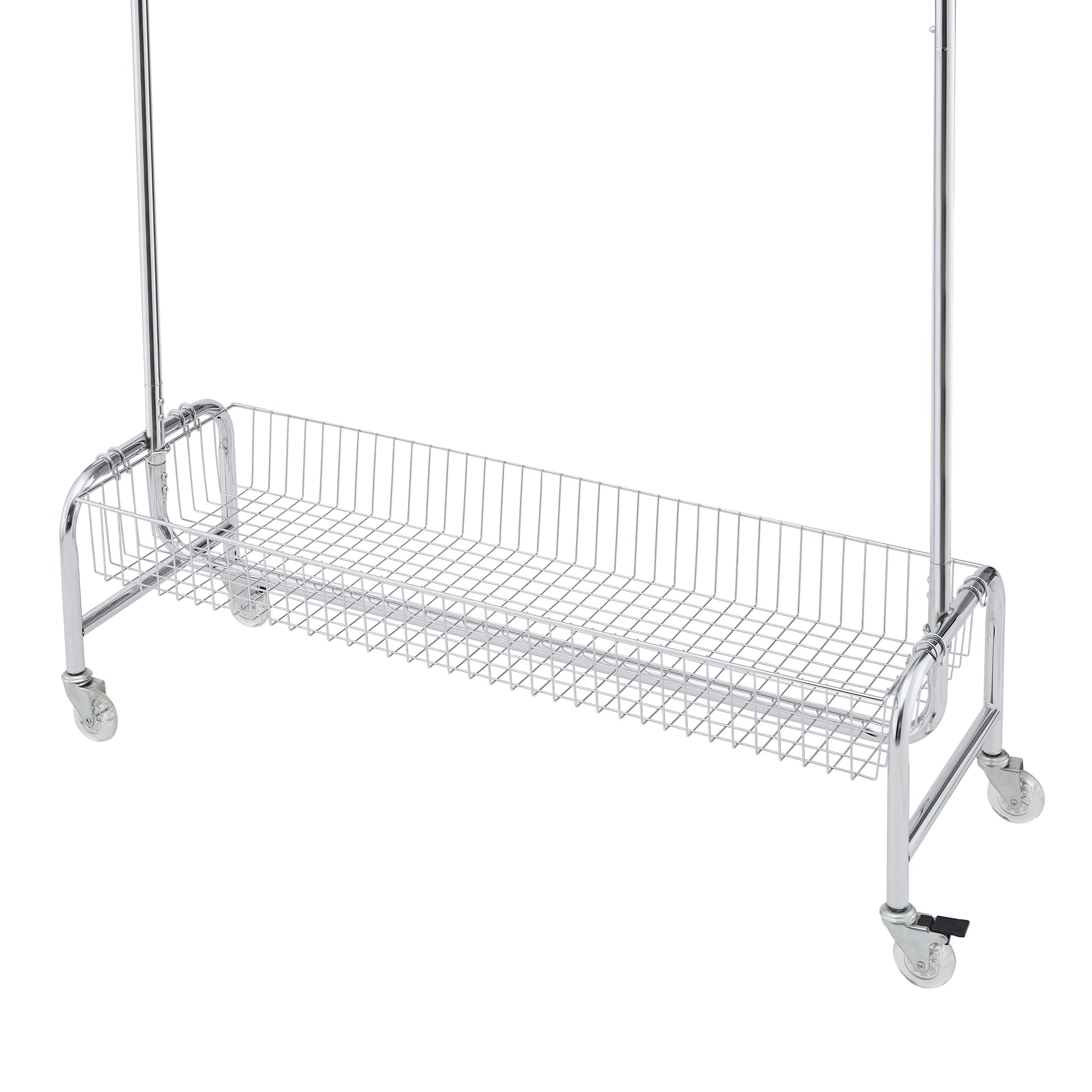 Chrome garment rack with rolling caster wheels and a bottom wire basket