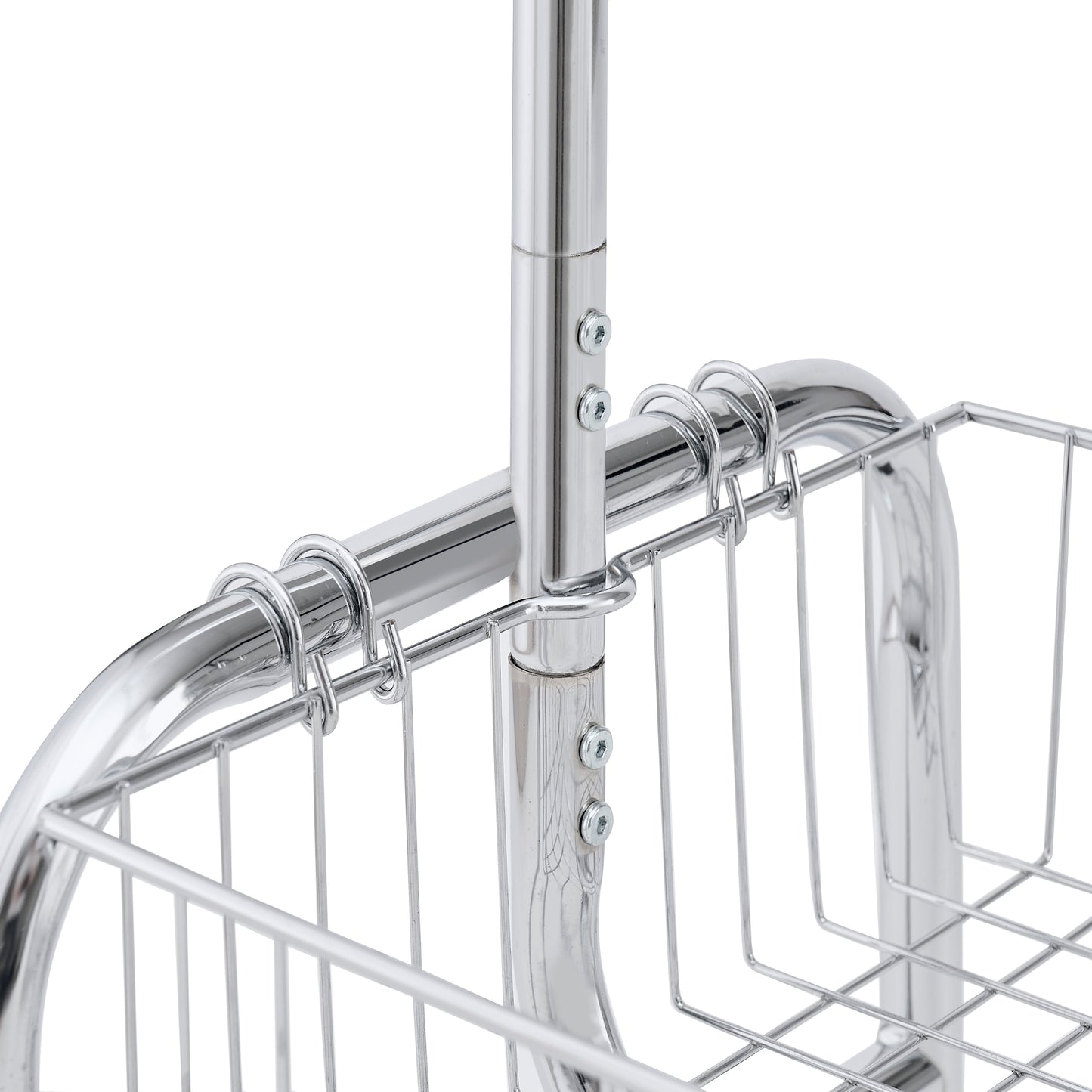 Chrome wire shelving unit basket detail with adjustable poles and secure clips