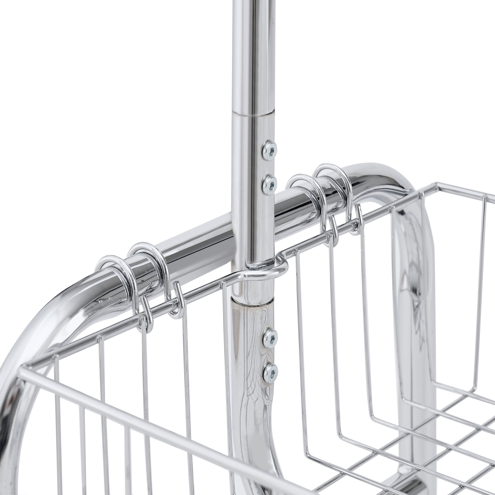 Chrome wire shelving unit basket detail with adjustable poles and secure clips