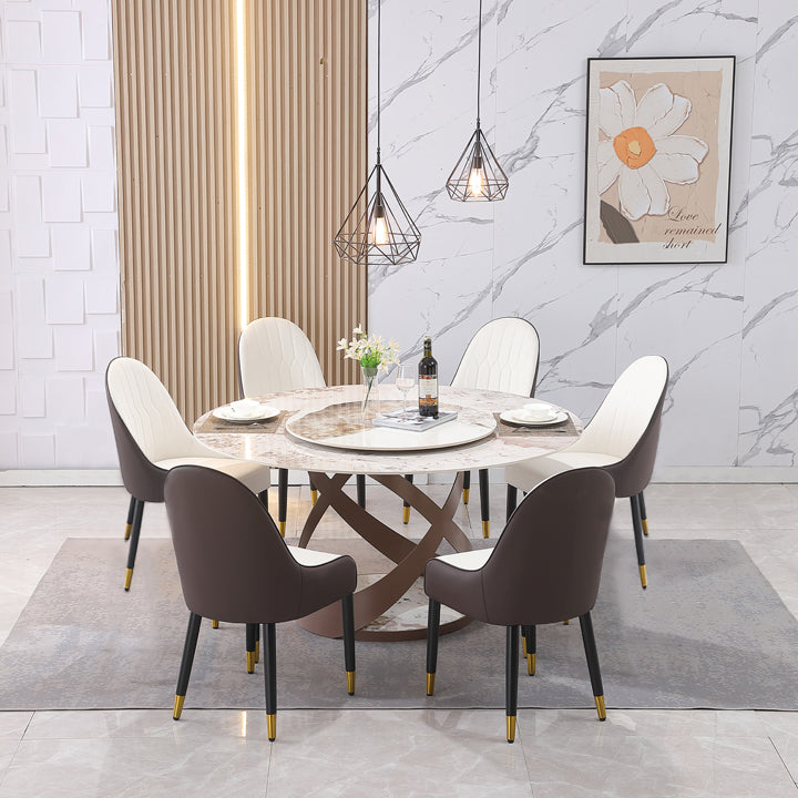 Round marble dining table with six upholstered chairs