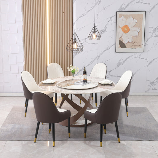 Round marble dining table with six upholstered chairs