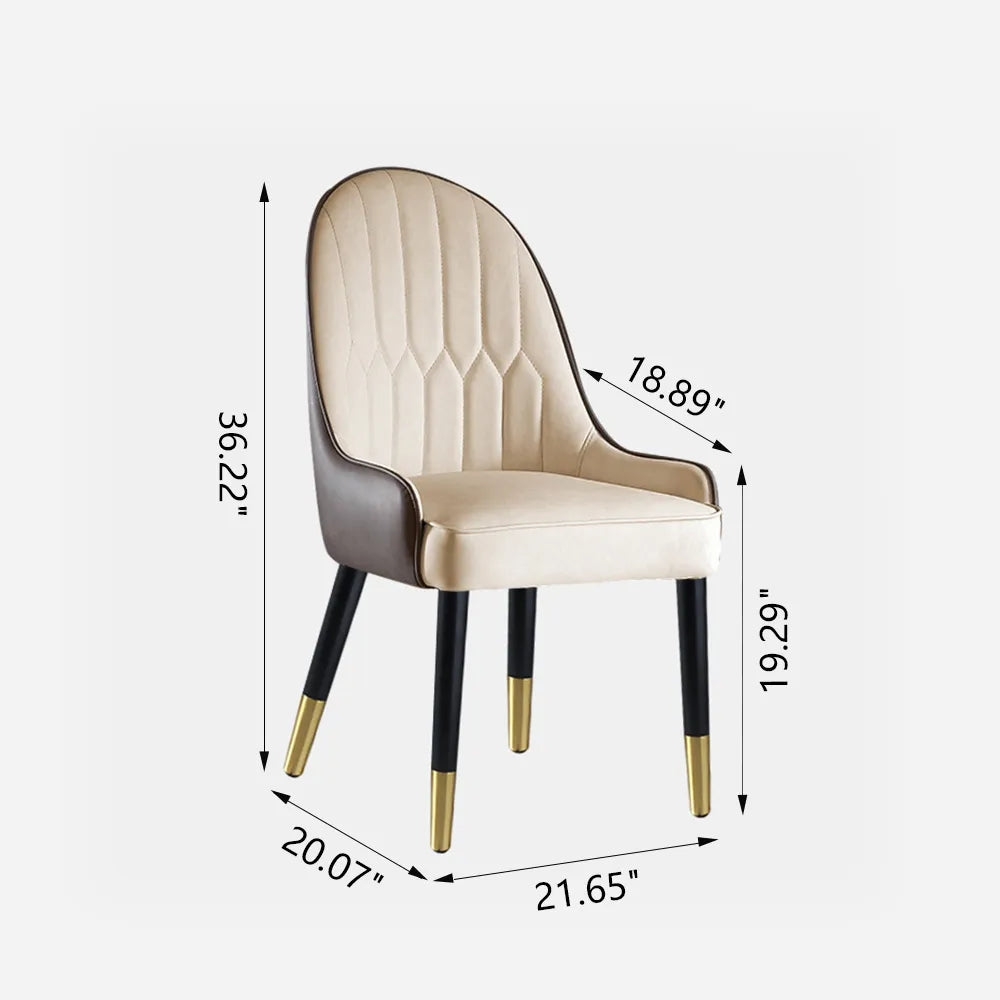 Cream upholstered dining chair with diamond stitching and dark brown accents