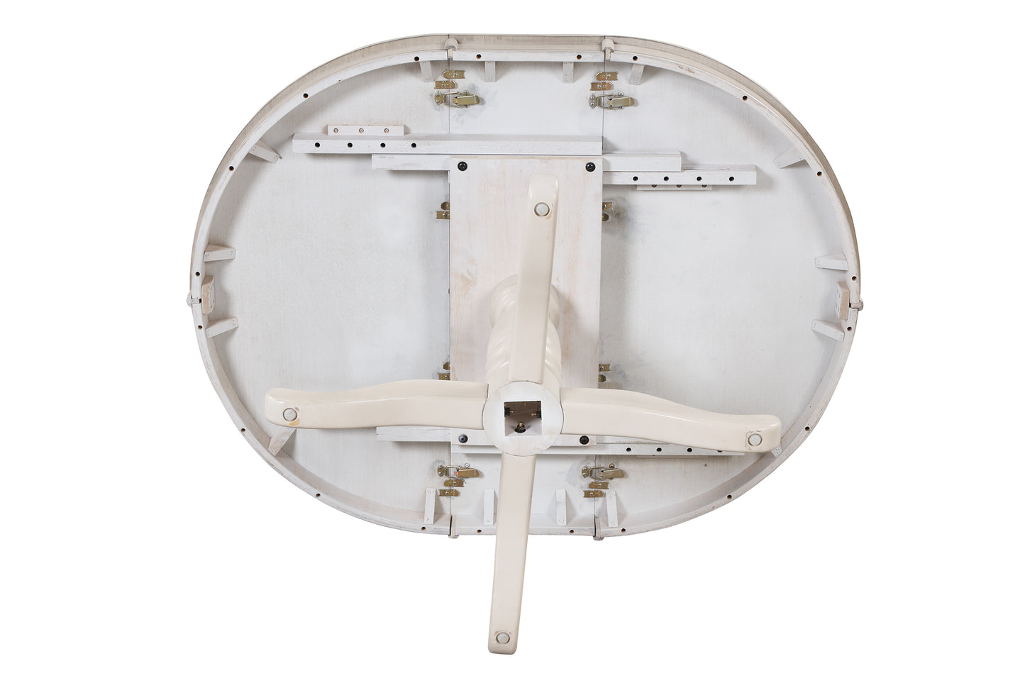 Underside view of a distressed white oval dining table with a cream pedestal base
