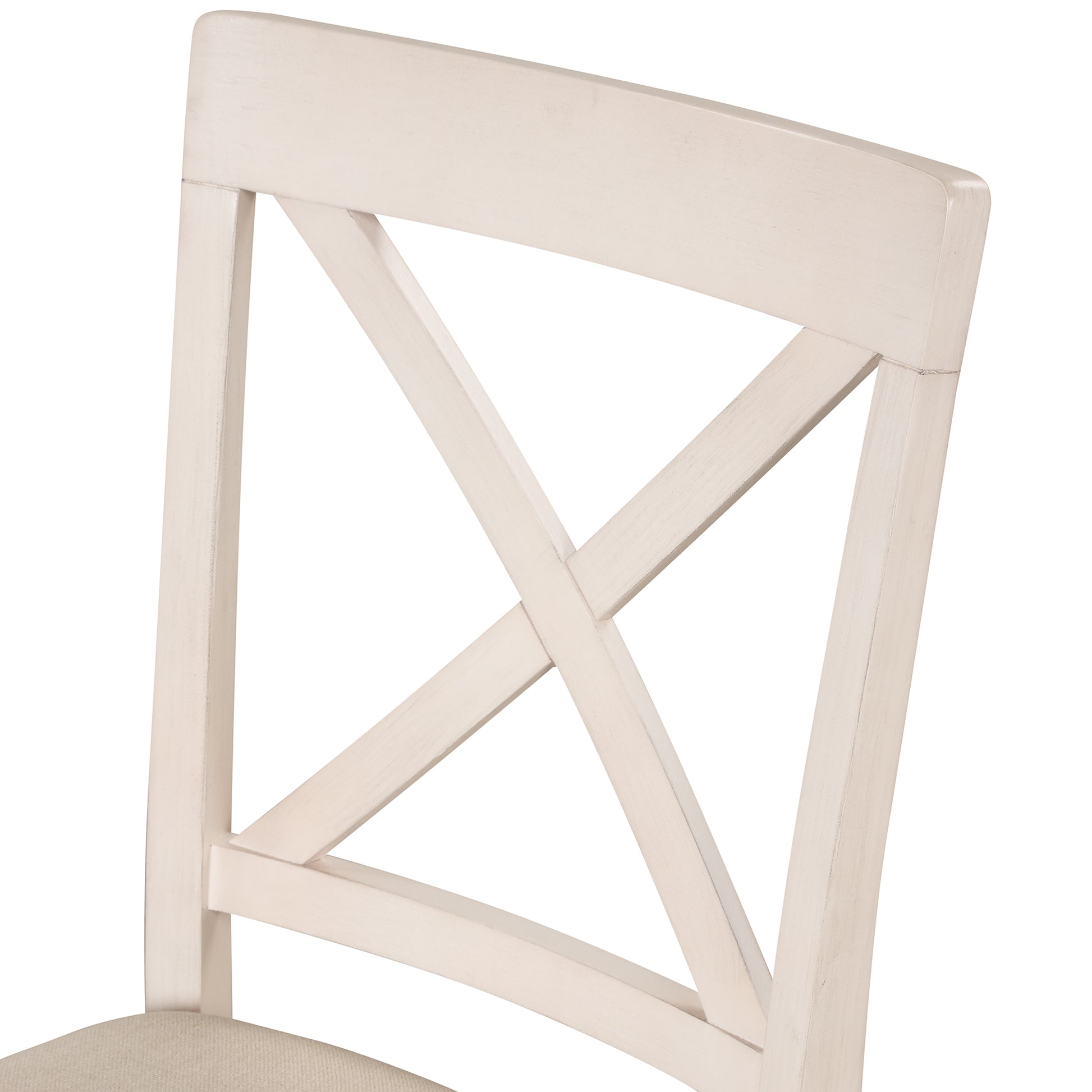 Offwhite farmhouse dining chair with distressed wood finish and crisscross back