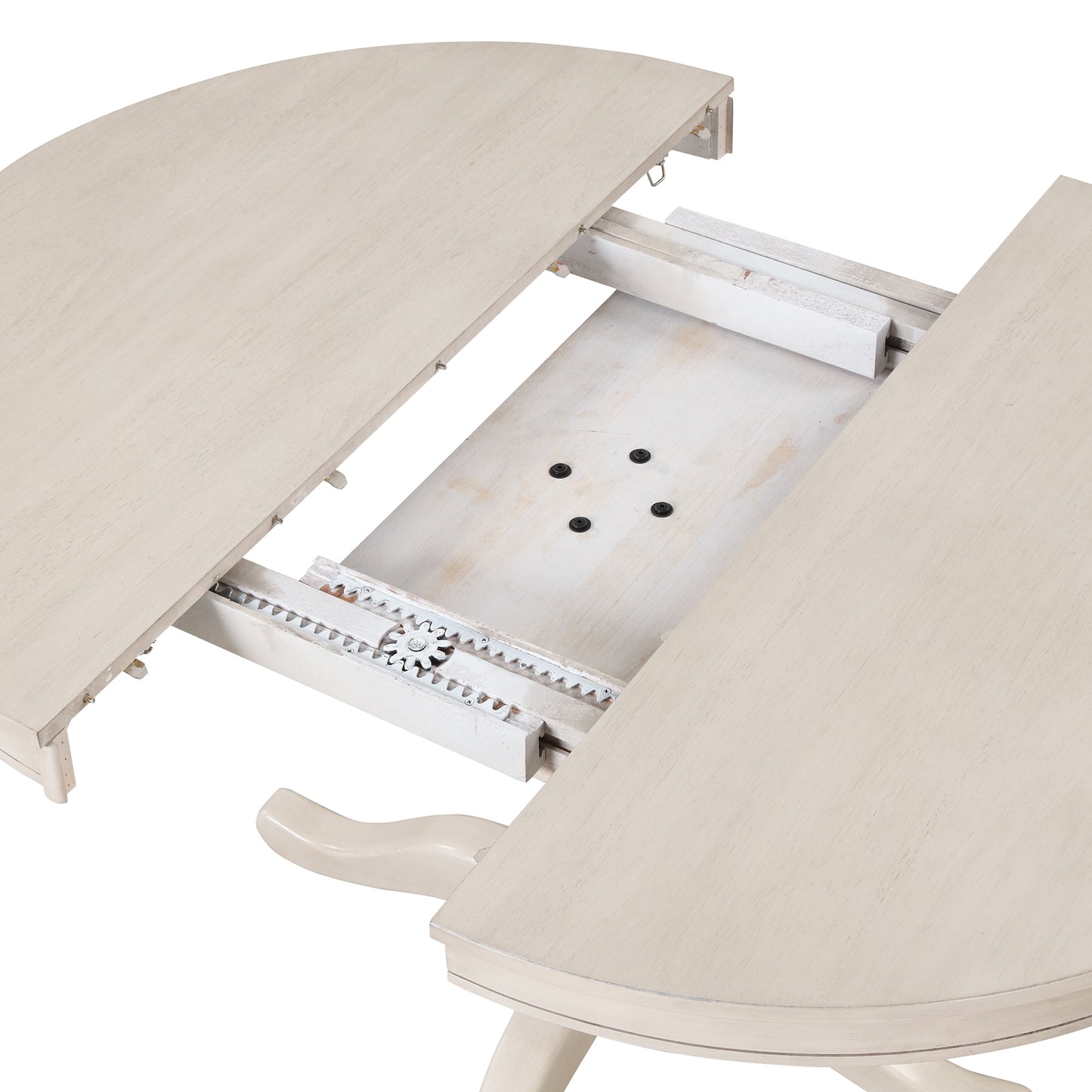 Closeup of lightcolored wooden extension dining table with pullout mechanism visible