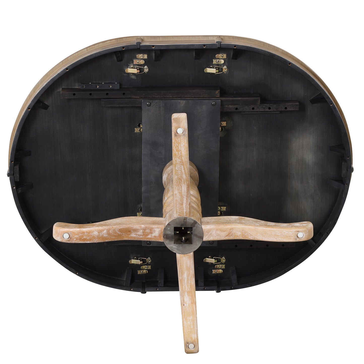 Underside of a distressed wood pedestal dining table with brass hardware