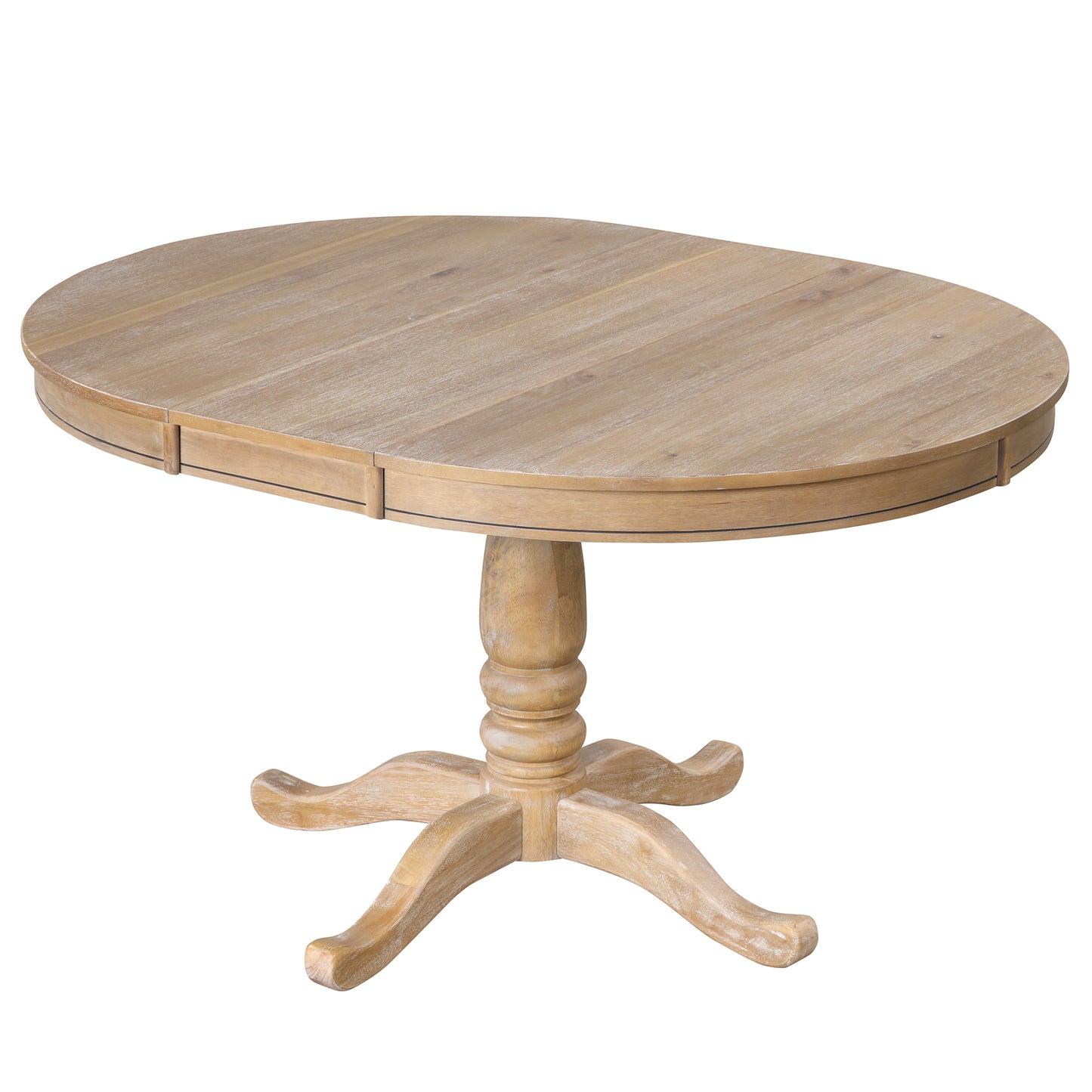 Distressed wood oval dining table with pedestal base