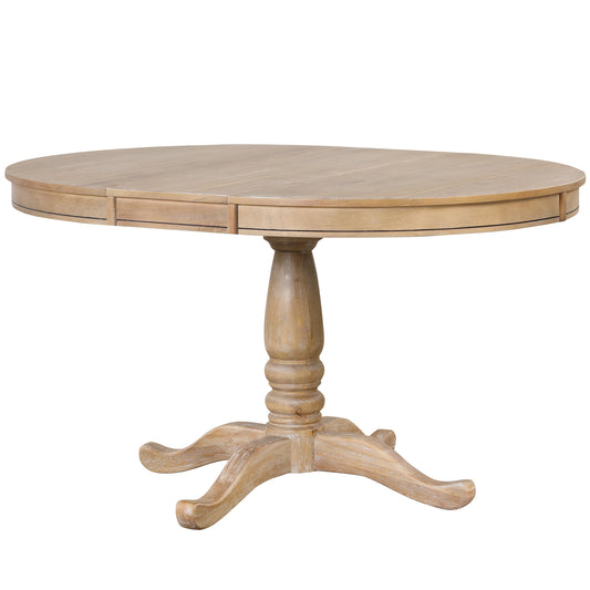 Rustic light oak round dining table with pedestal base