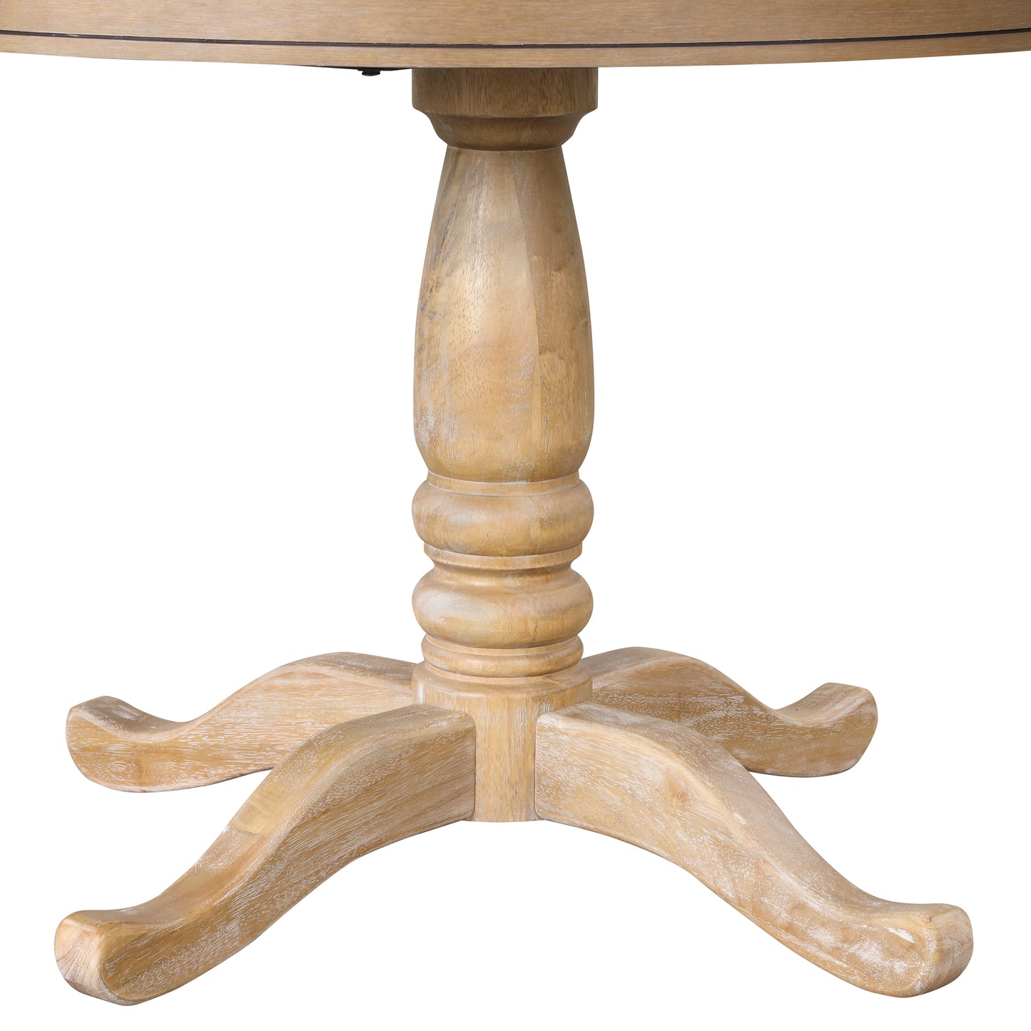 Light wood pedestal table base with ornate carved detailing
