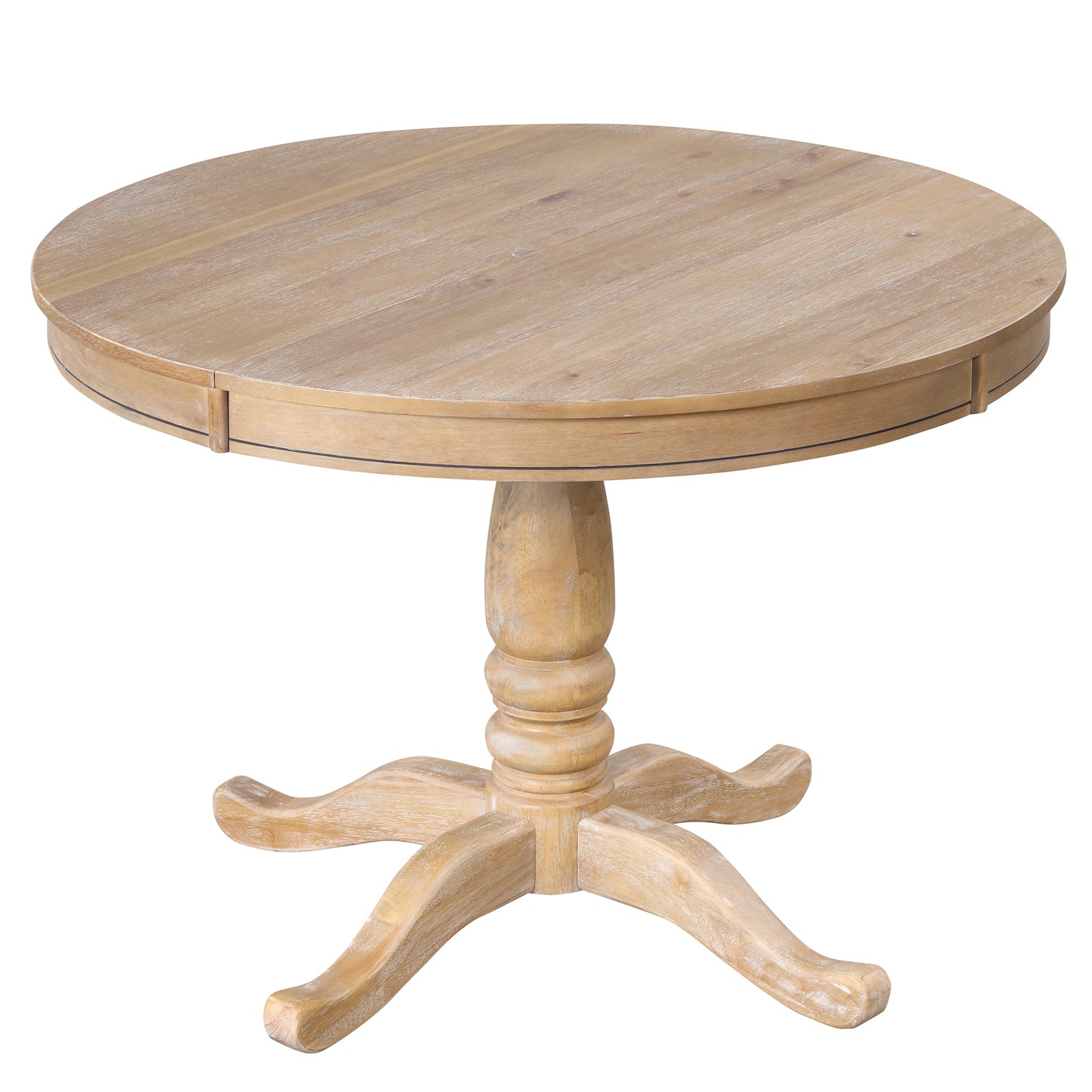 Distressed light oak round dining table with pedestal base