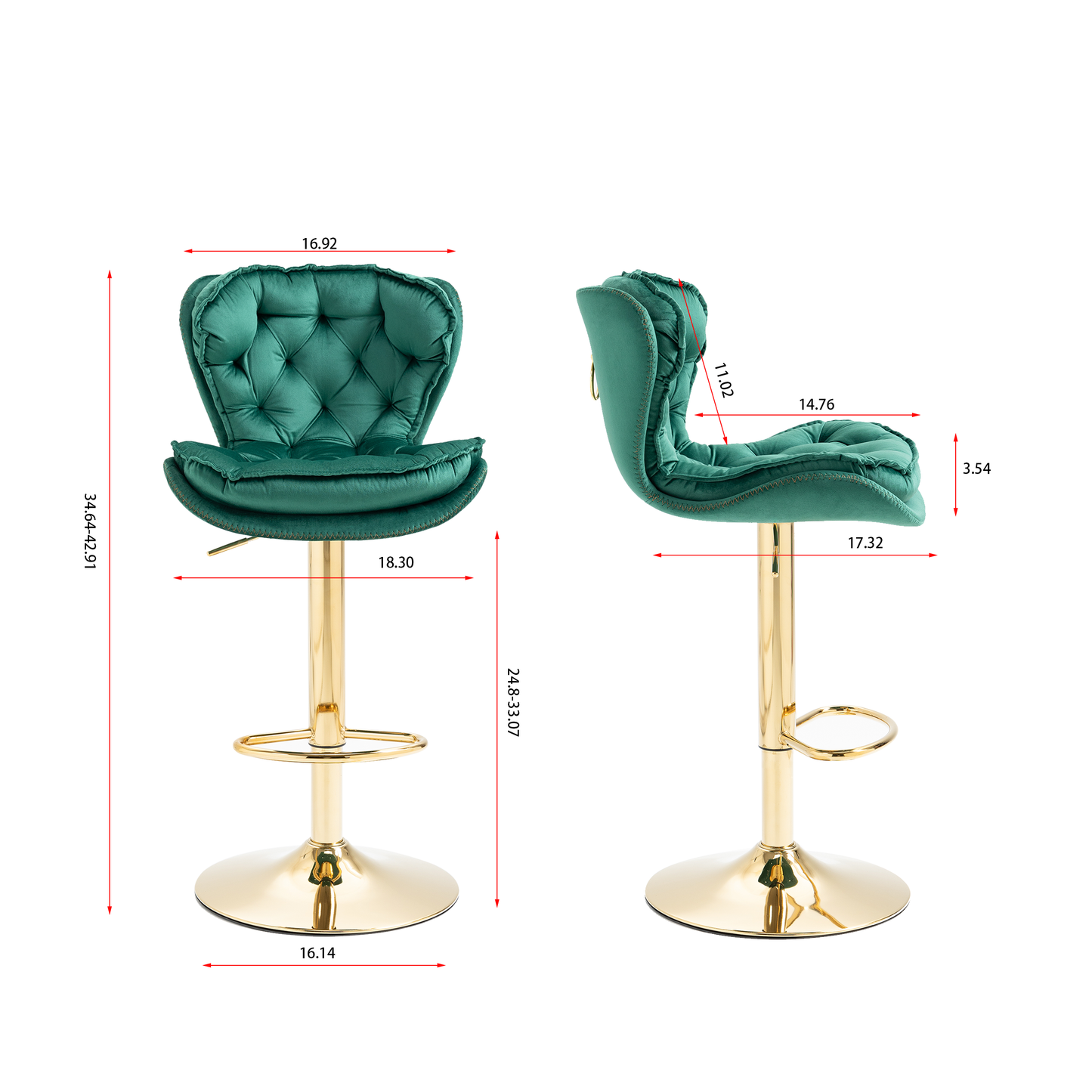 Deep green velvet tufted bar stool with gold pedestal base and footrest