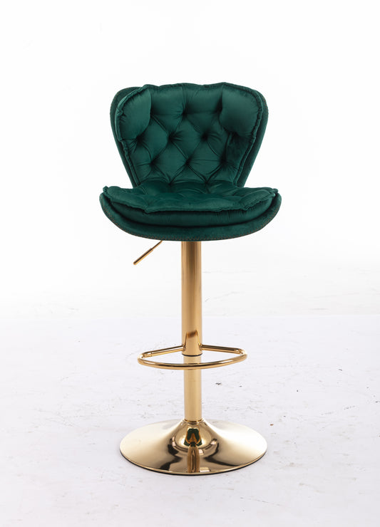 Emerald green velvet tufted bar stool with adjustable gold base