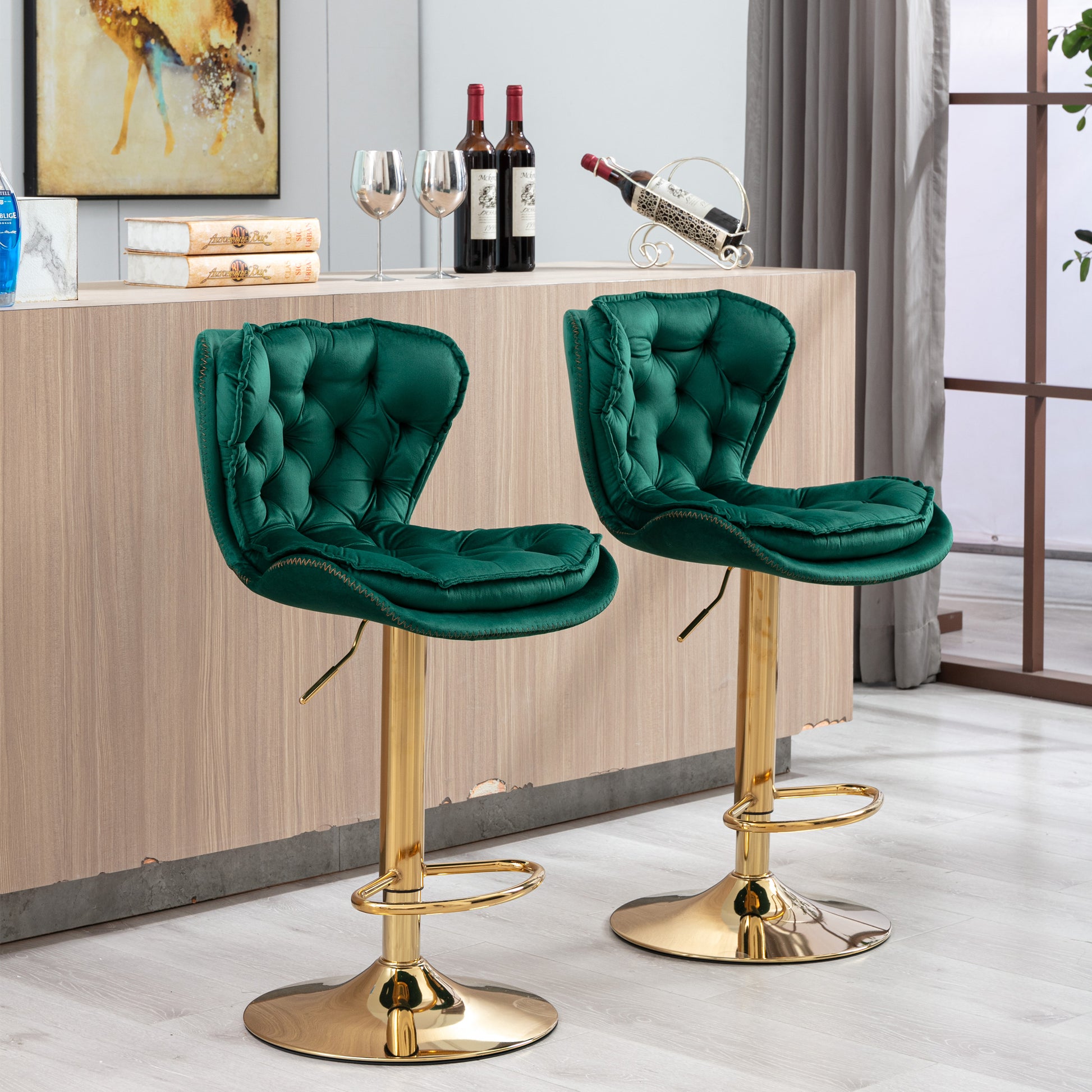 Emerald green velvet tufted bar stool with gold base