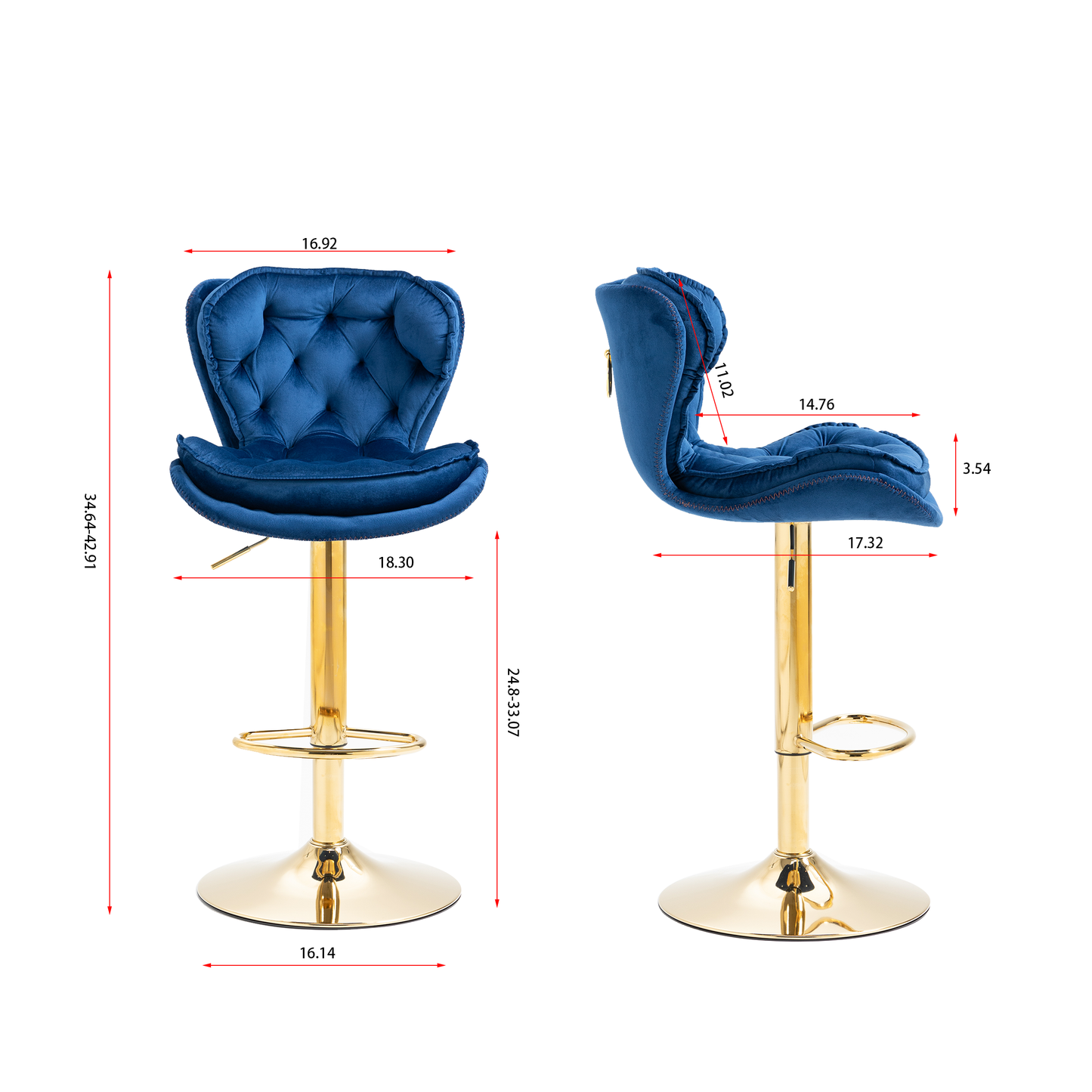 Deep blue velvet tufted bar stool with gold base