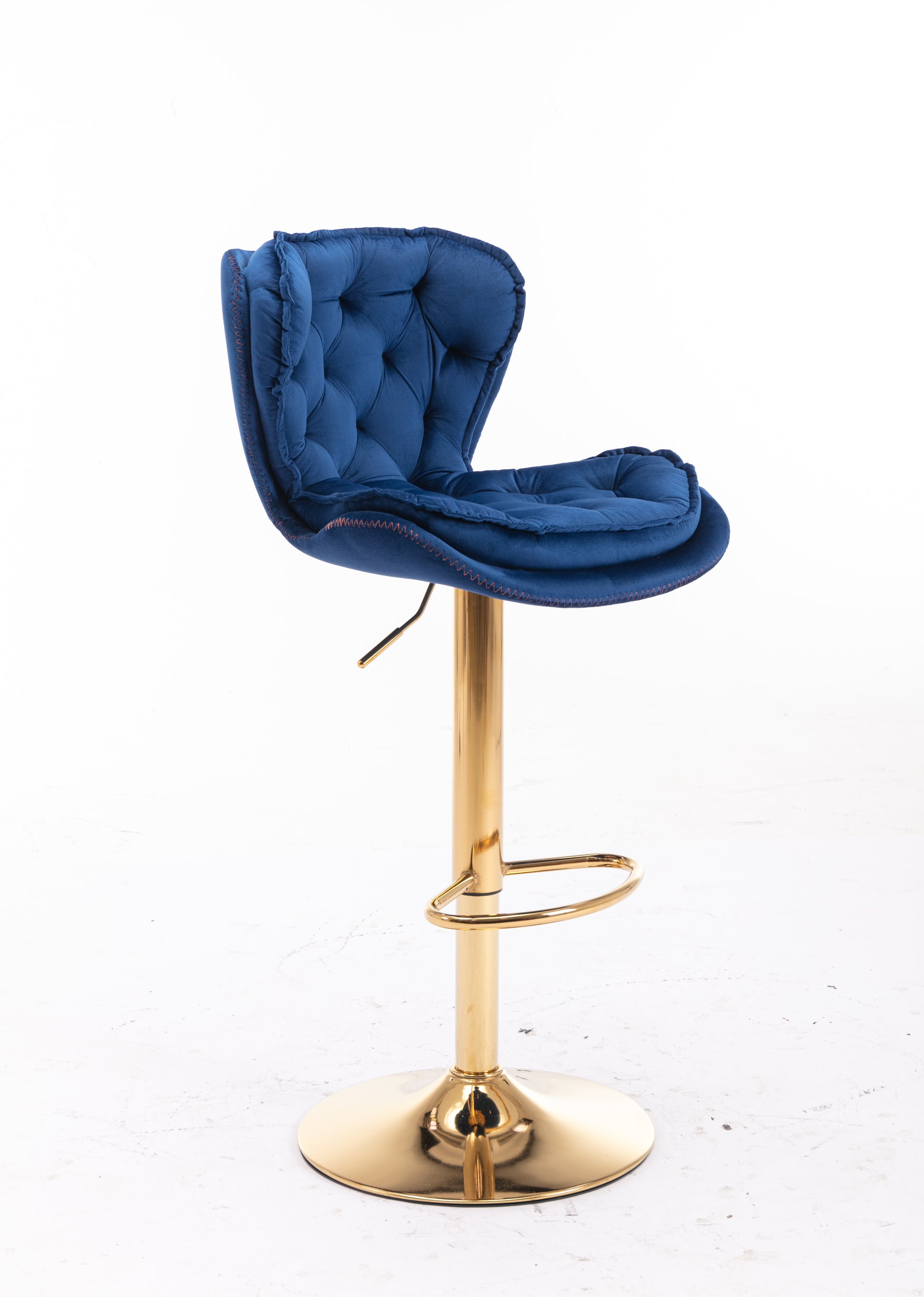 Deep blue velvet tufted bar stool with gold base