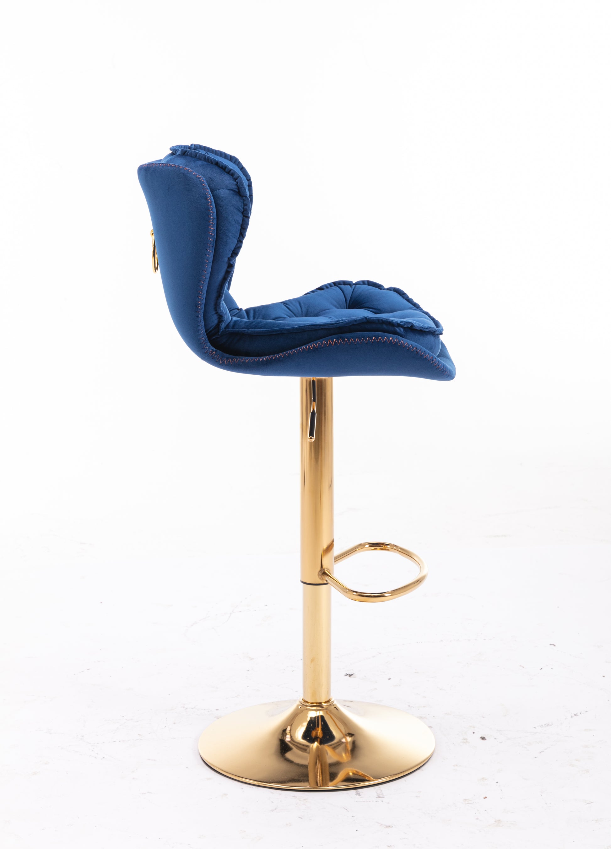 Navy blue velvet bar stool with tufted seat and gold base