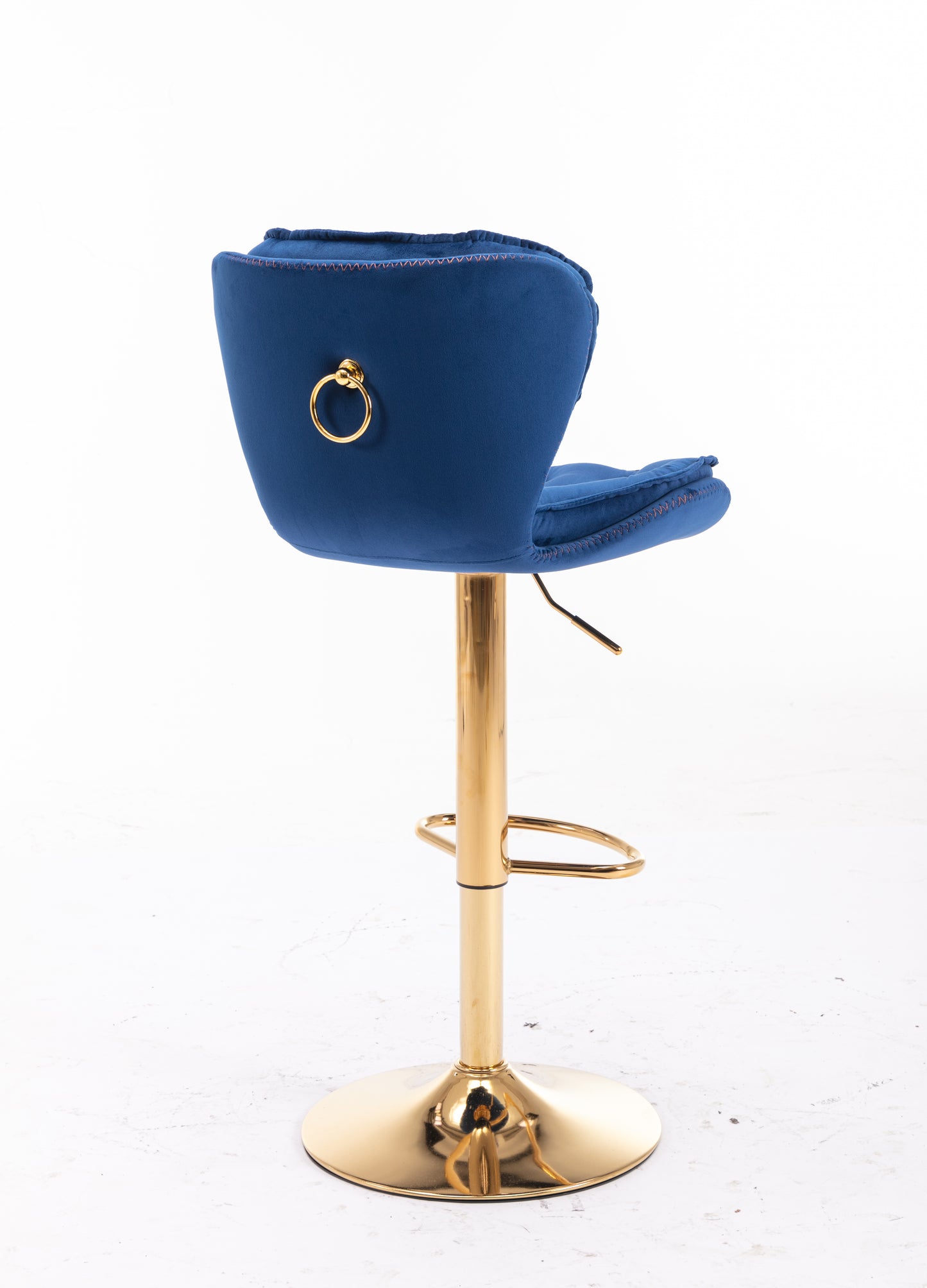 Navy blue velvet bar stool with gold ring accent and polished gold base