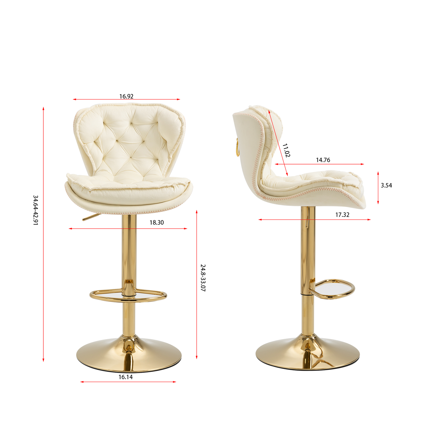Cream tufted faux leather adjustable bar stool with gold base and footrest