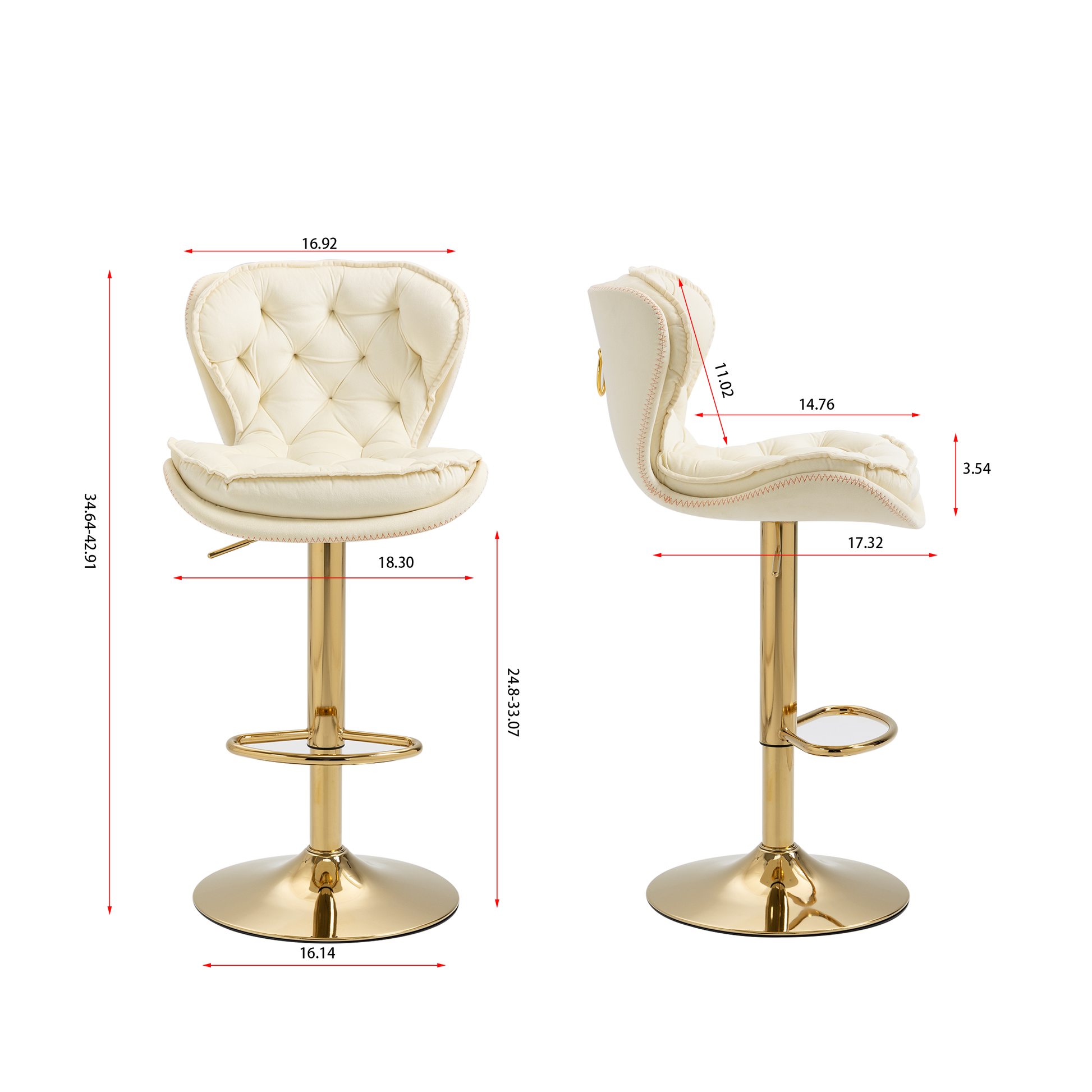 Cream tufted faux leather adjustable bar stool with gold base and footrest