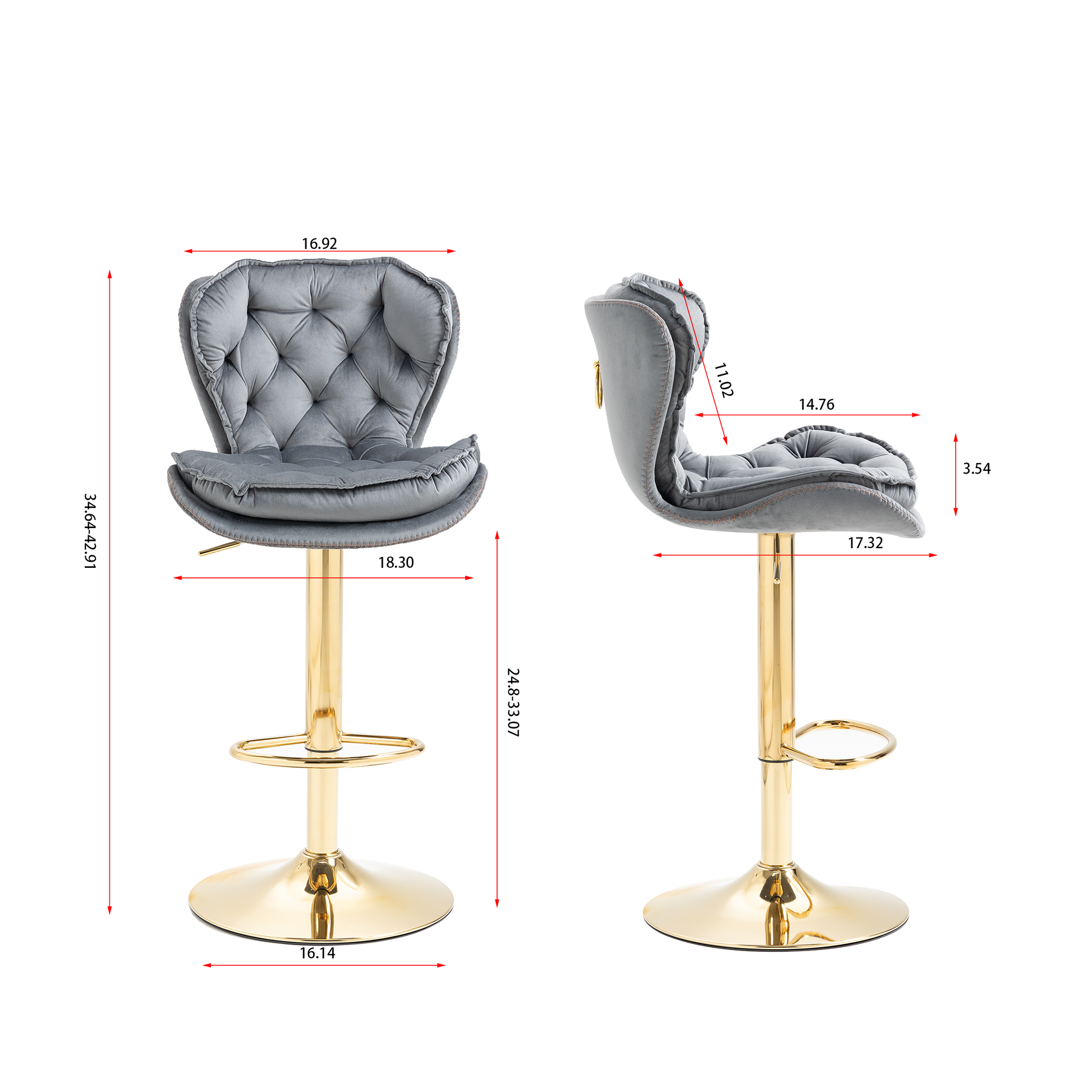 Grey velvet tufted adjustable bar stool with gold base