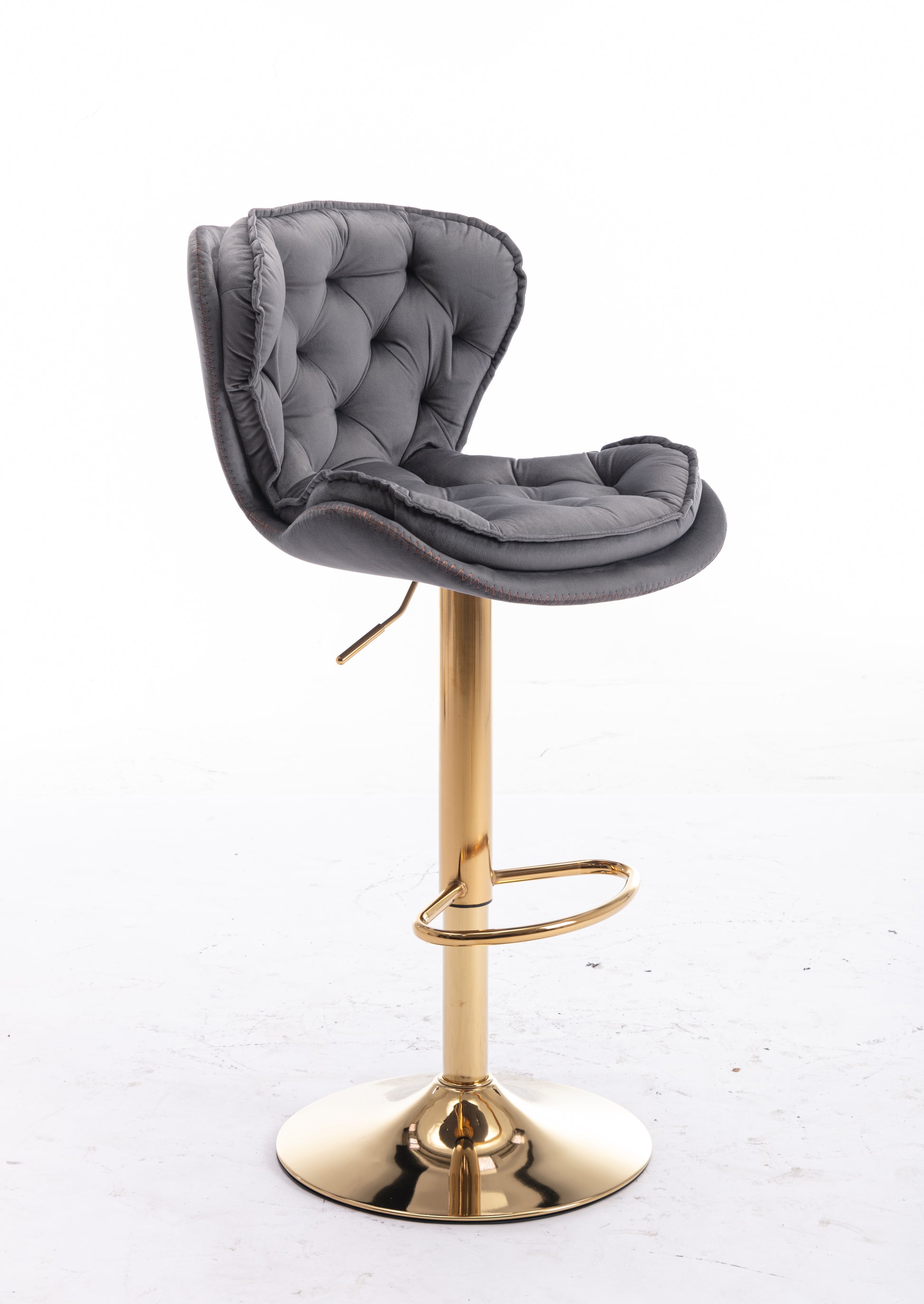 Gray velvet tufted bar stool with adjustable gold base
