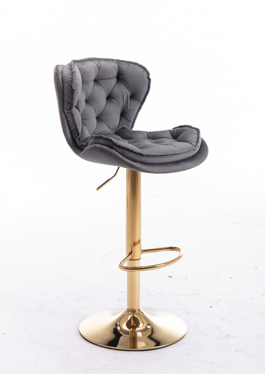 Gray velvet tufted bar stool with adjustable gold base