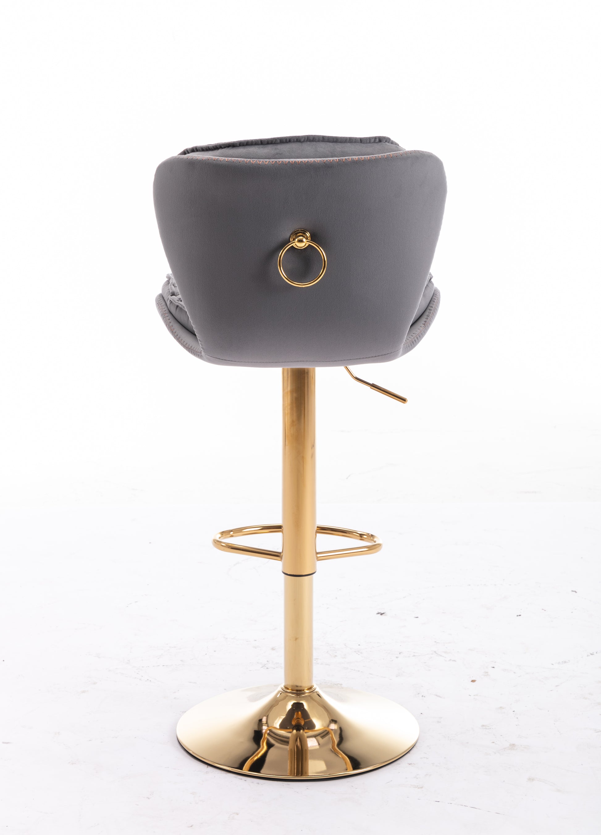 Grey velvet bar stool with gold ring detail and gold pedestal base