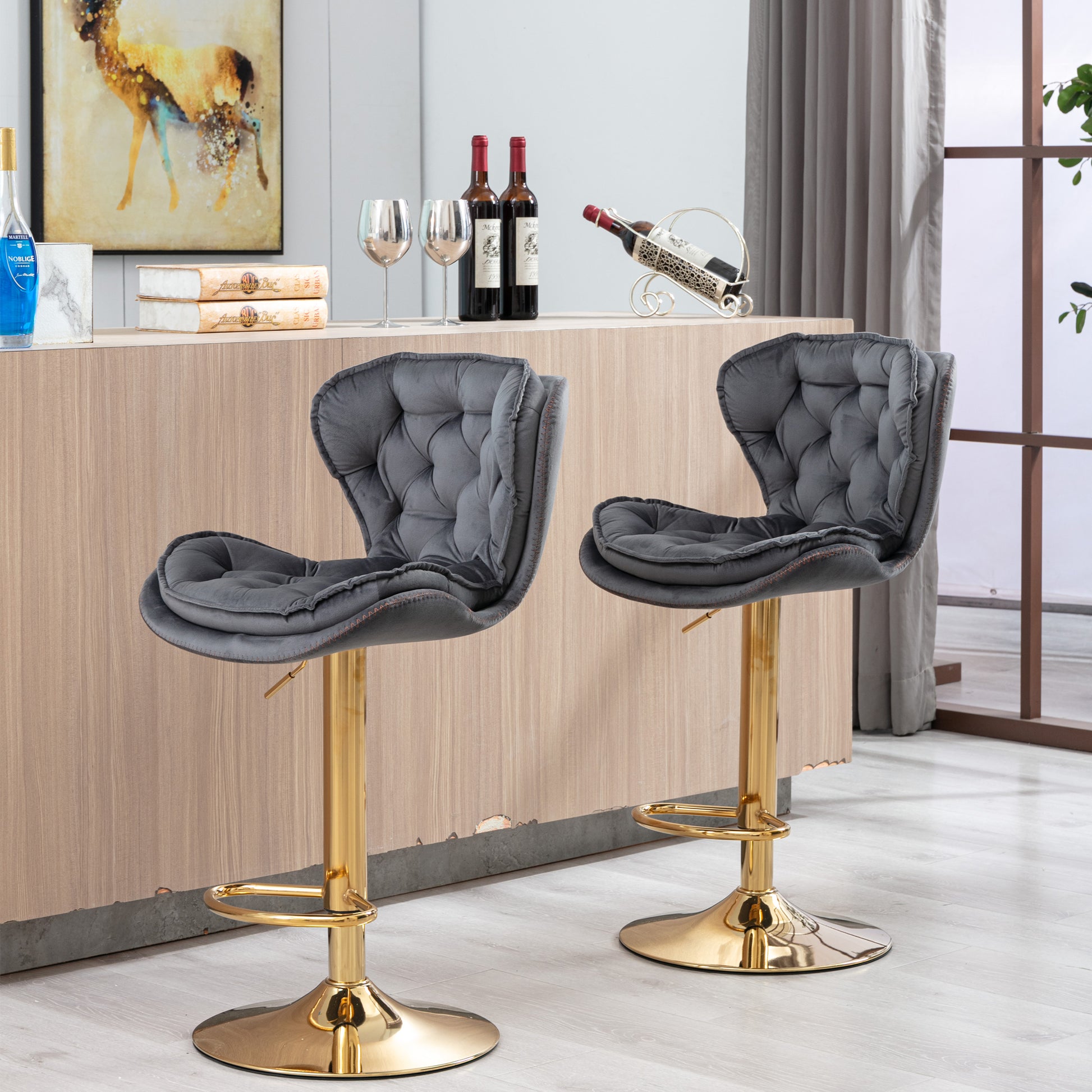 Gray velvet tufted bar stool with adjustable gold base