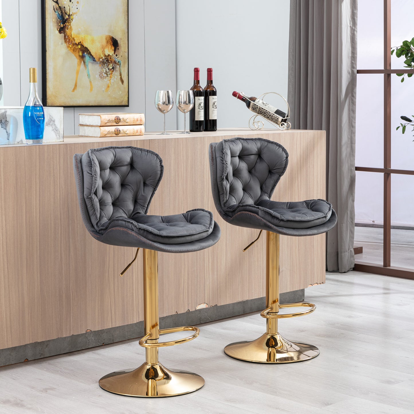Elegant grey velvet bar stool with tufted back and gold base
