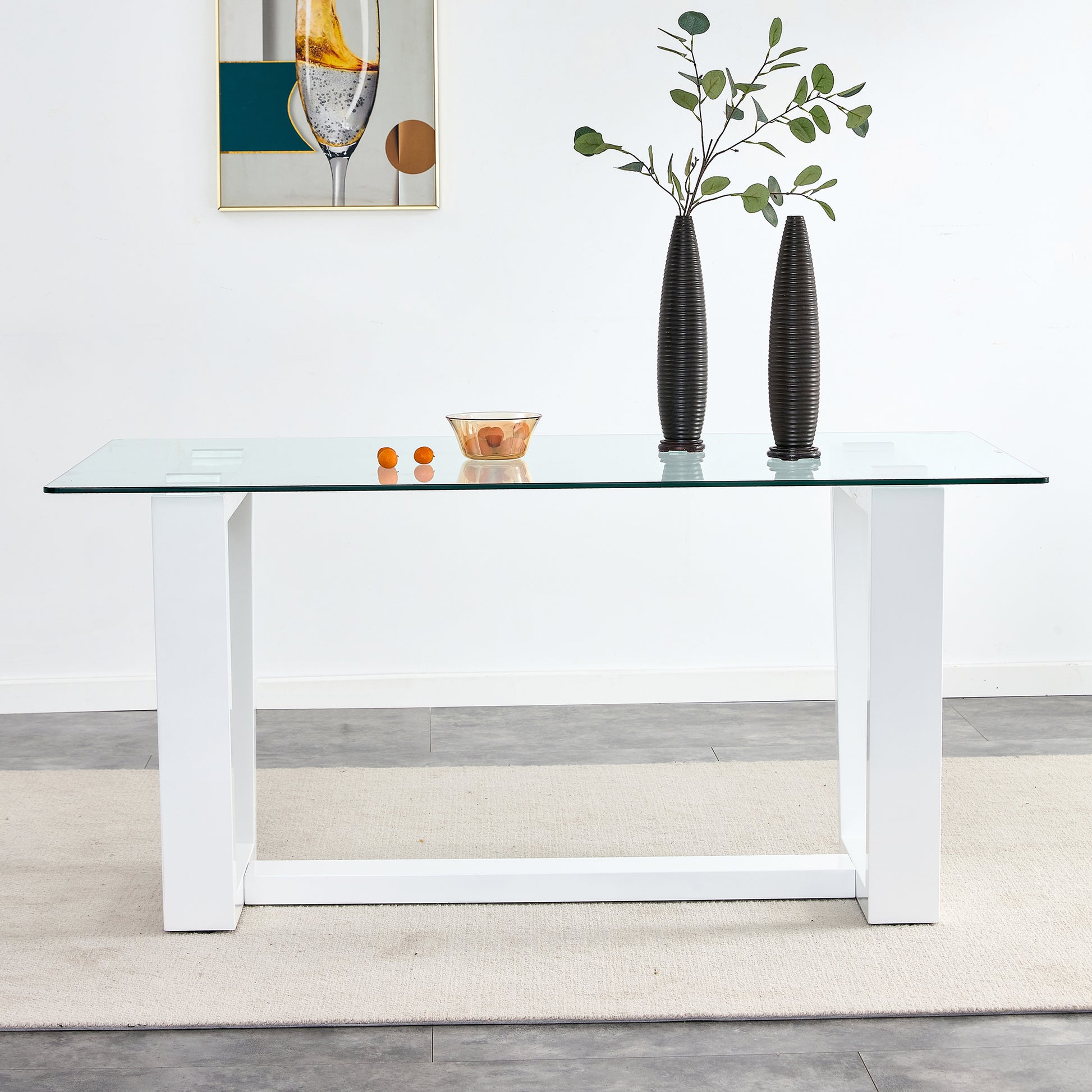 Rectangular glass top dining table with white pedestal legs