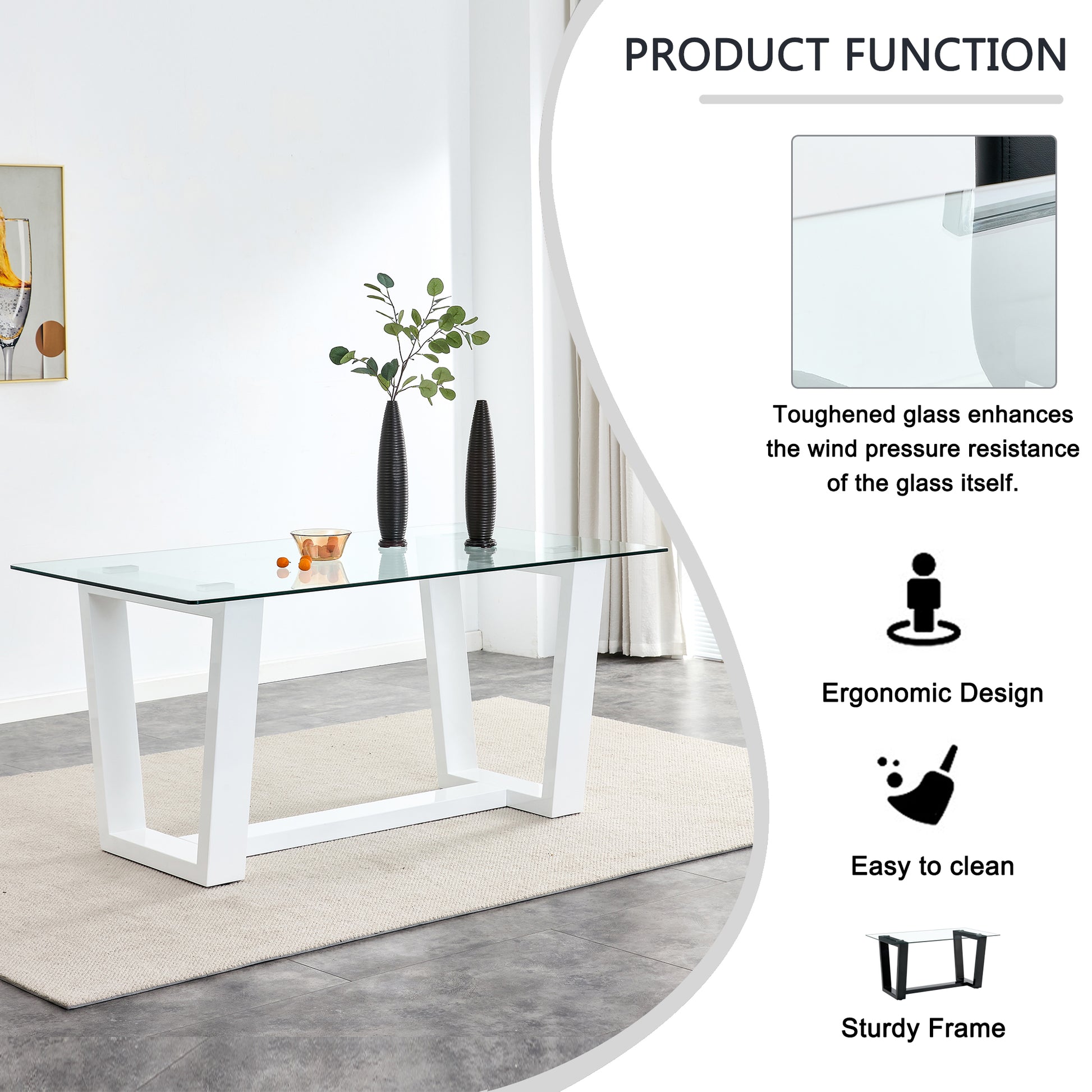 Modern glass dining table with white geometric legs