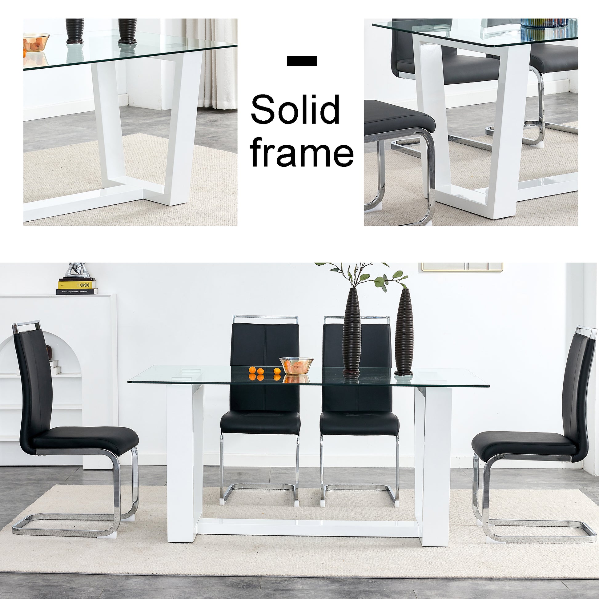Glass dining table with white solid frame and black leather chairs