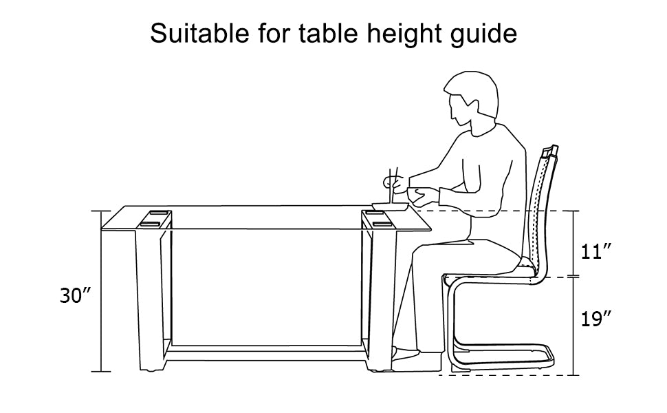 Diagram showing a person at a inch table with chair dimensions