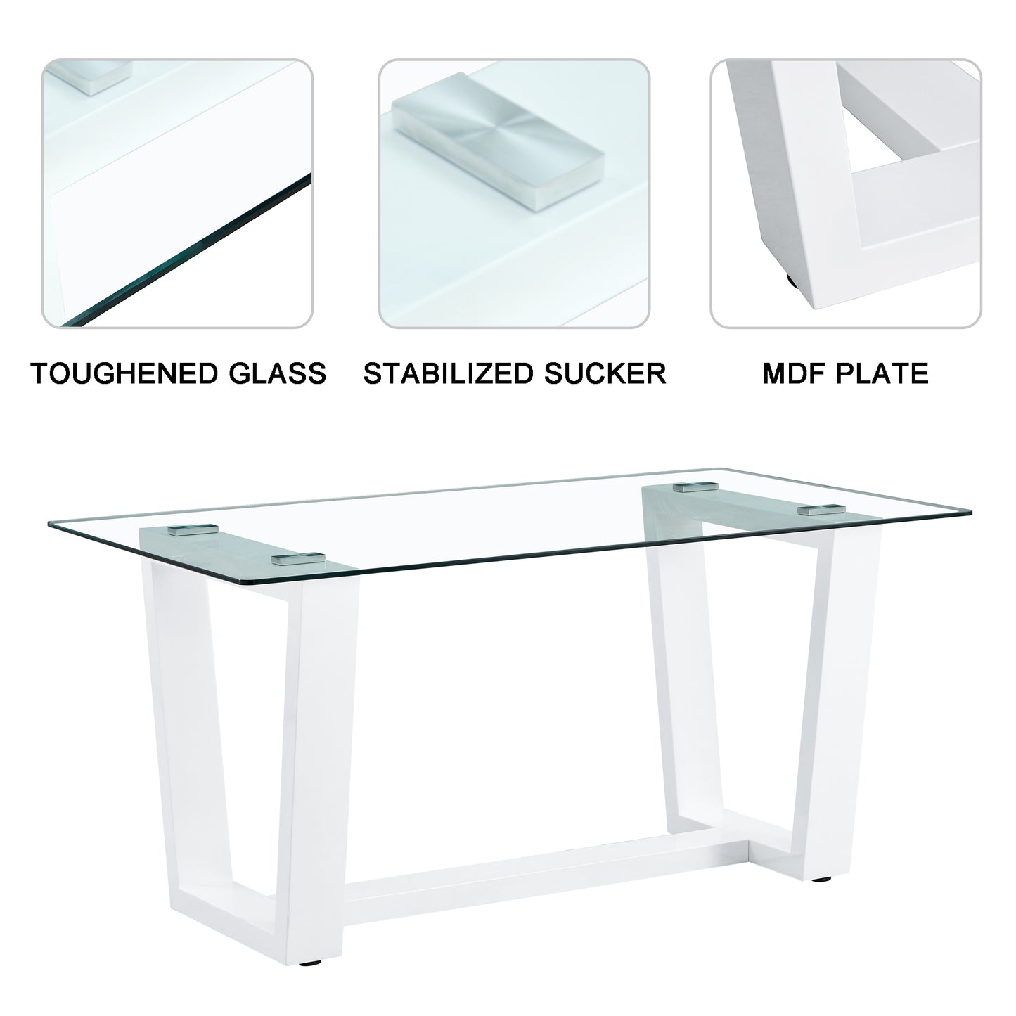 Clear glass top coffee table with white MDF base and metal supports
