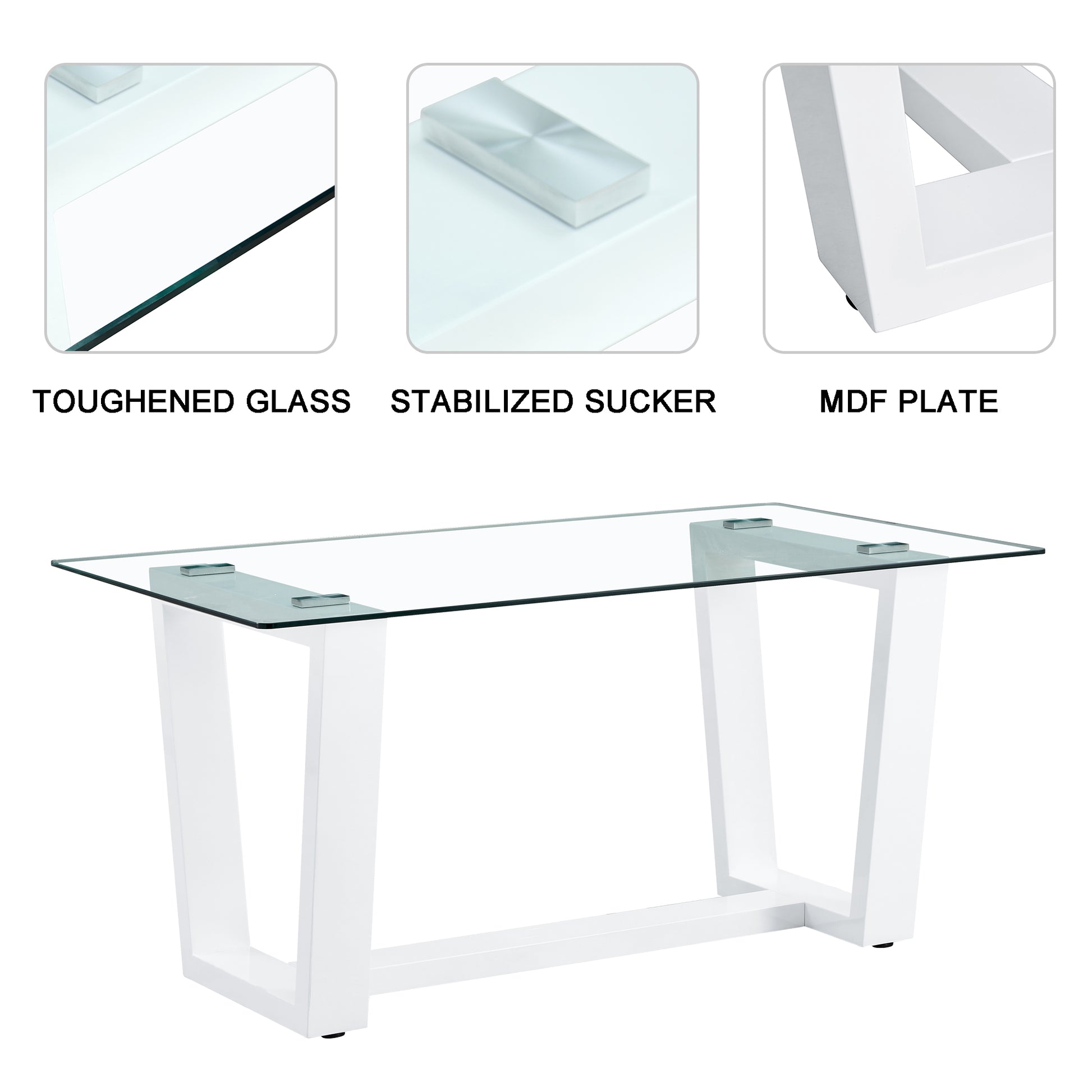 Clear glass top coffee table with white MDF base and metal supports