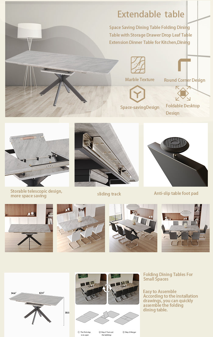 Extendable marble dining table with spacesaving design