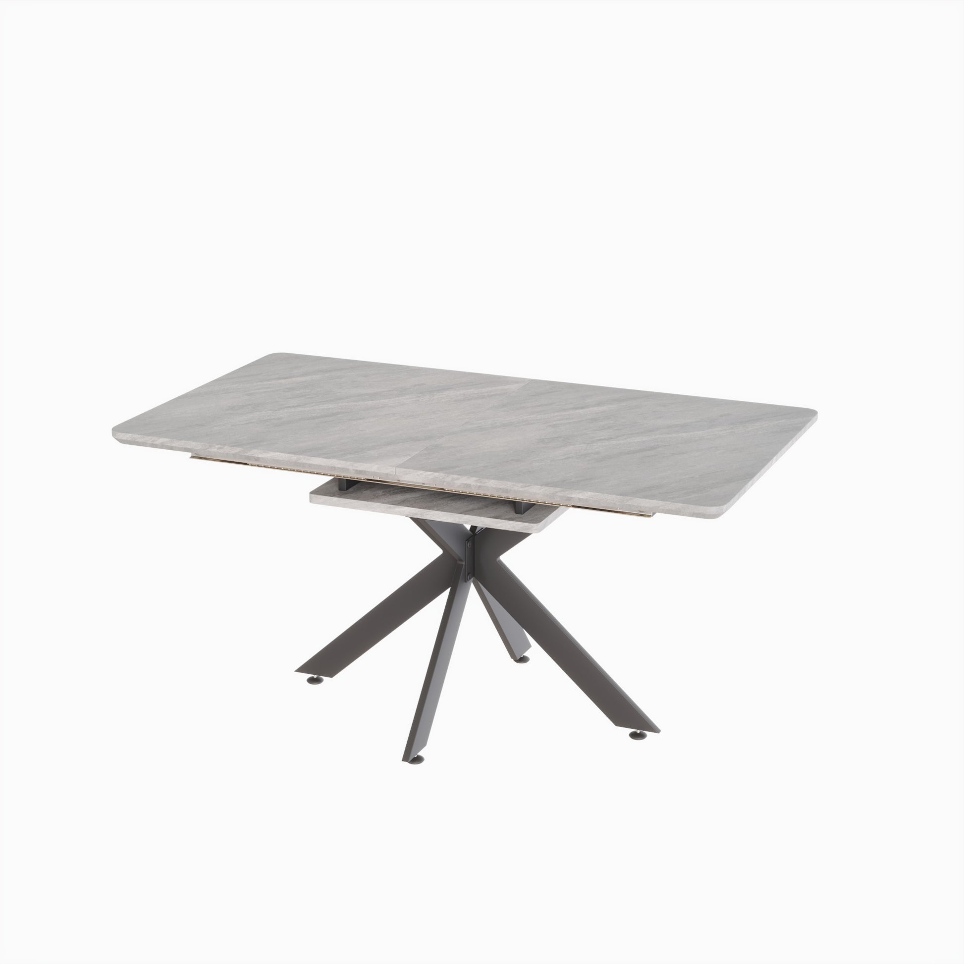 Rectangular grey marble extendable dining table with dark metal spider leg base