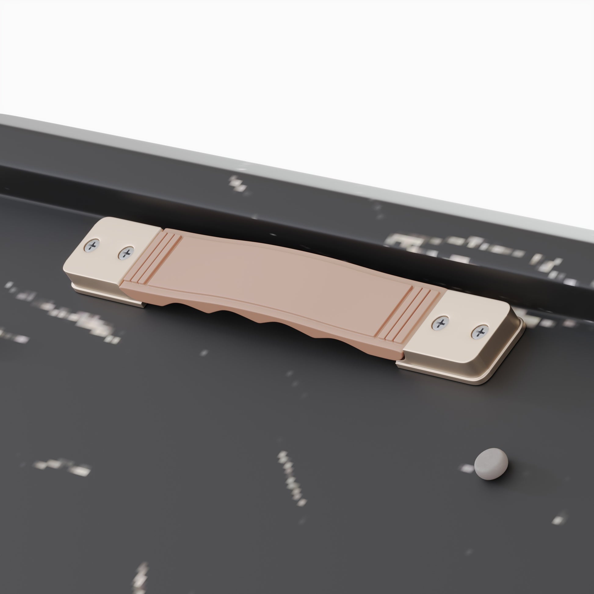 Tan ergonomic drawer pull with brushed nickel hardware