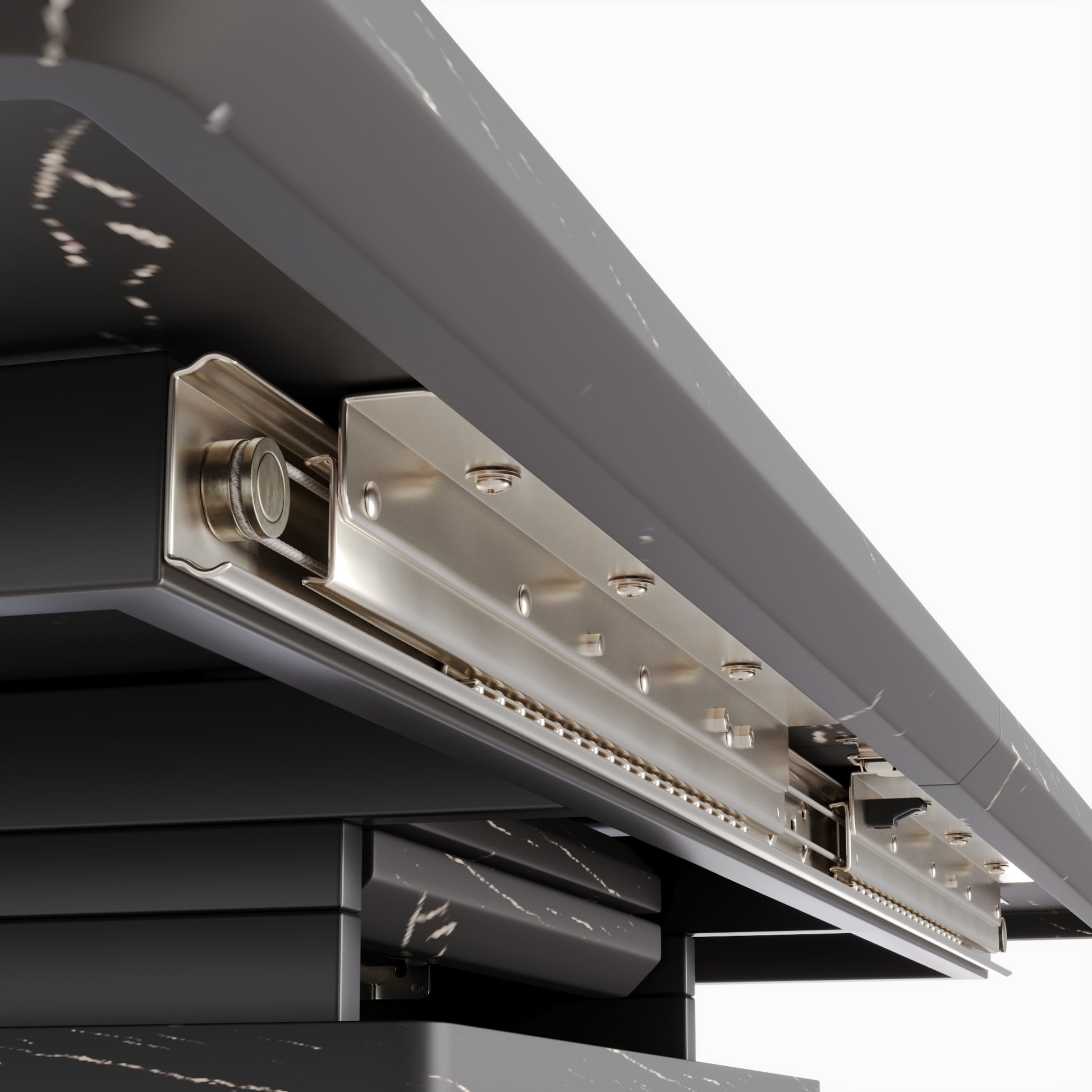 Closeup of polished metal ball bearing drawer slides