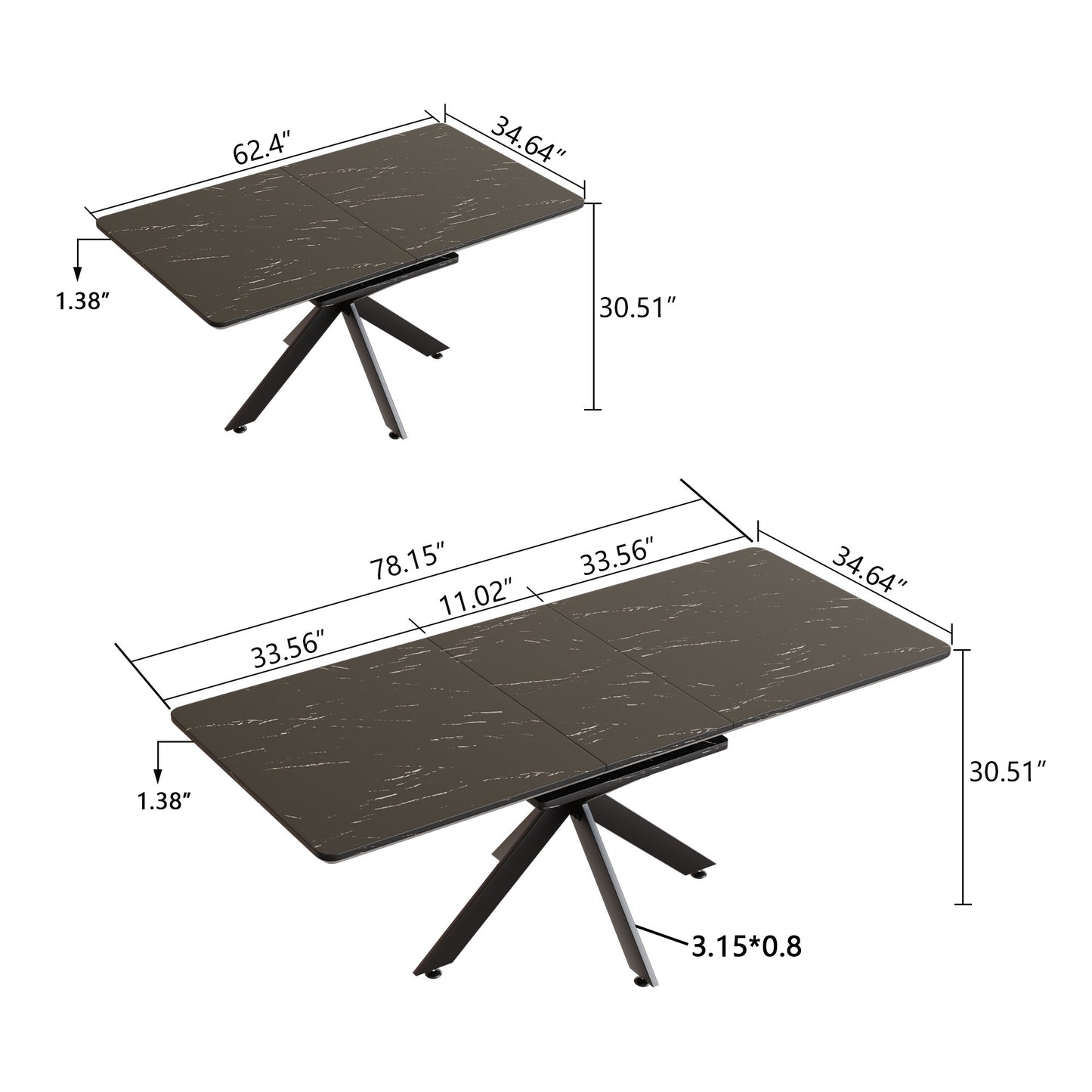 Dark marble extendable dining table with black metal legs
