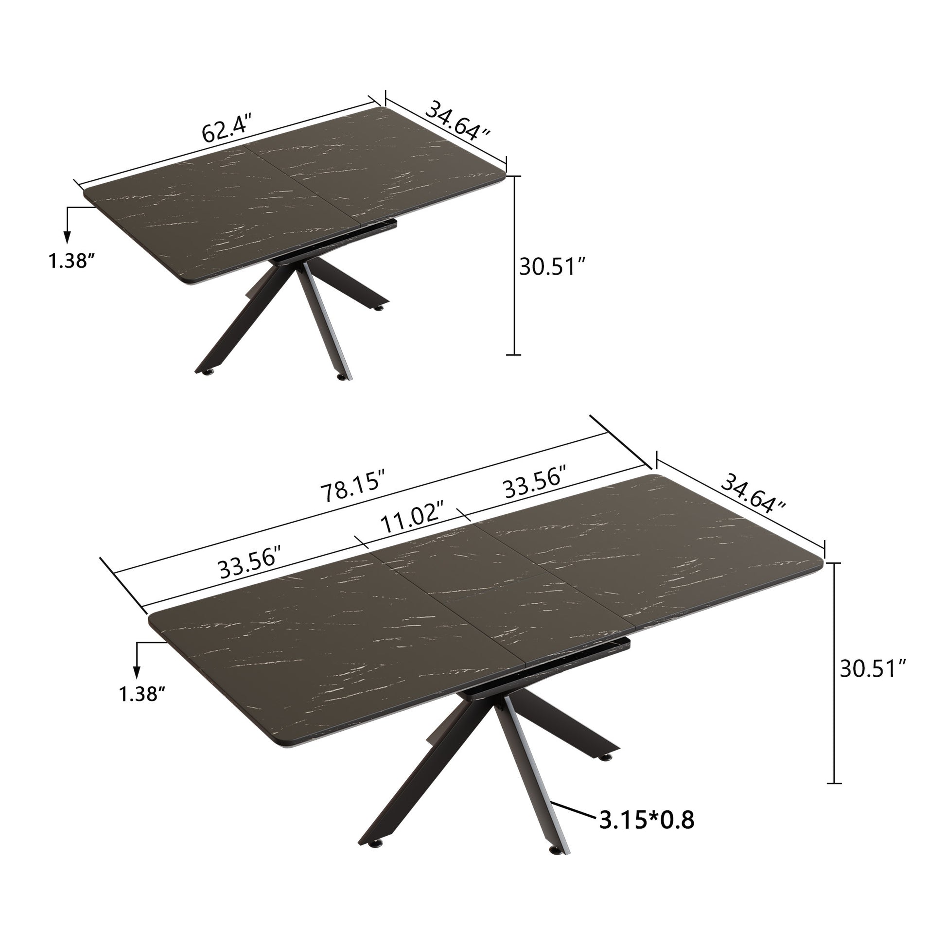 Dark marble extendable dining table with black metal legs