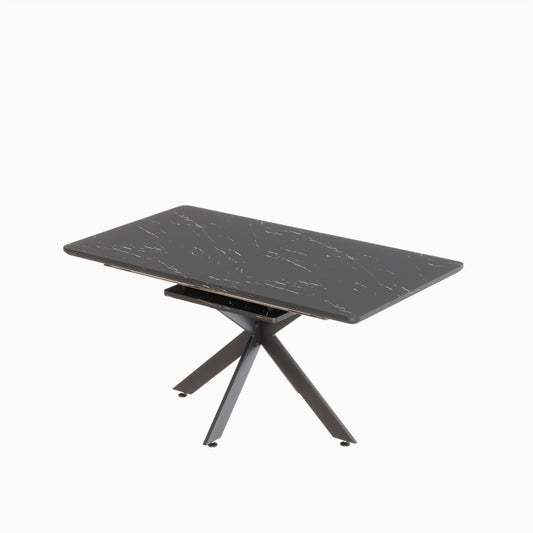 Dark gray rectangular dining table with marblelike finish and Xshaped metal legs