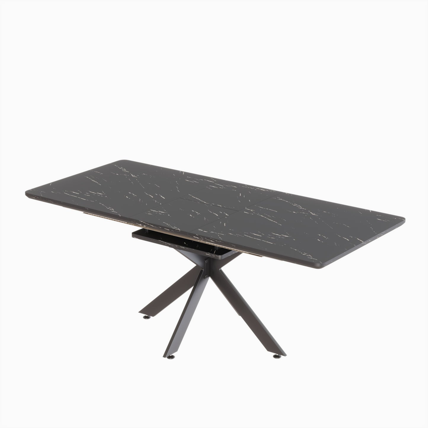 Dark grey dining table with marble effect top and metal base