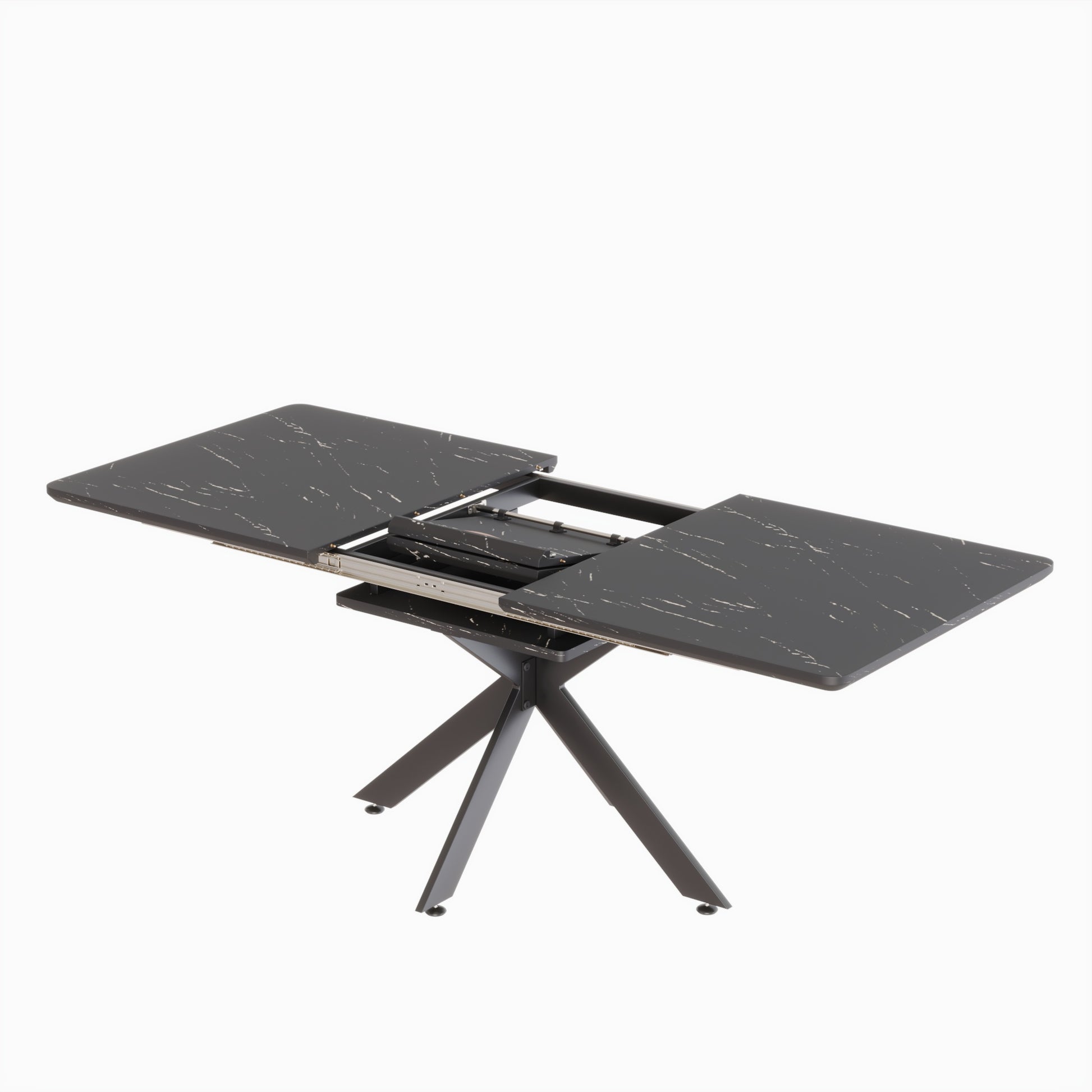 Dark grey marble extendable dining table with a crossshaped metal base