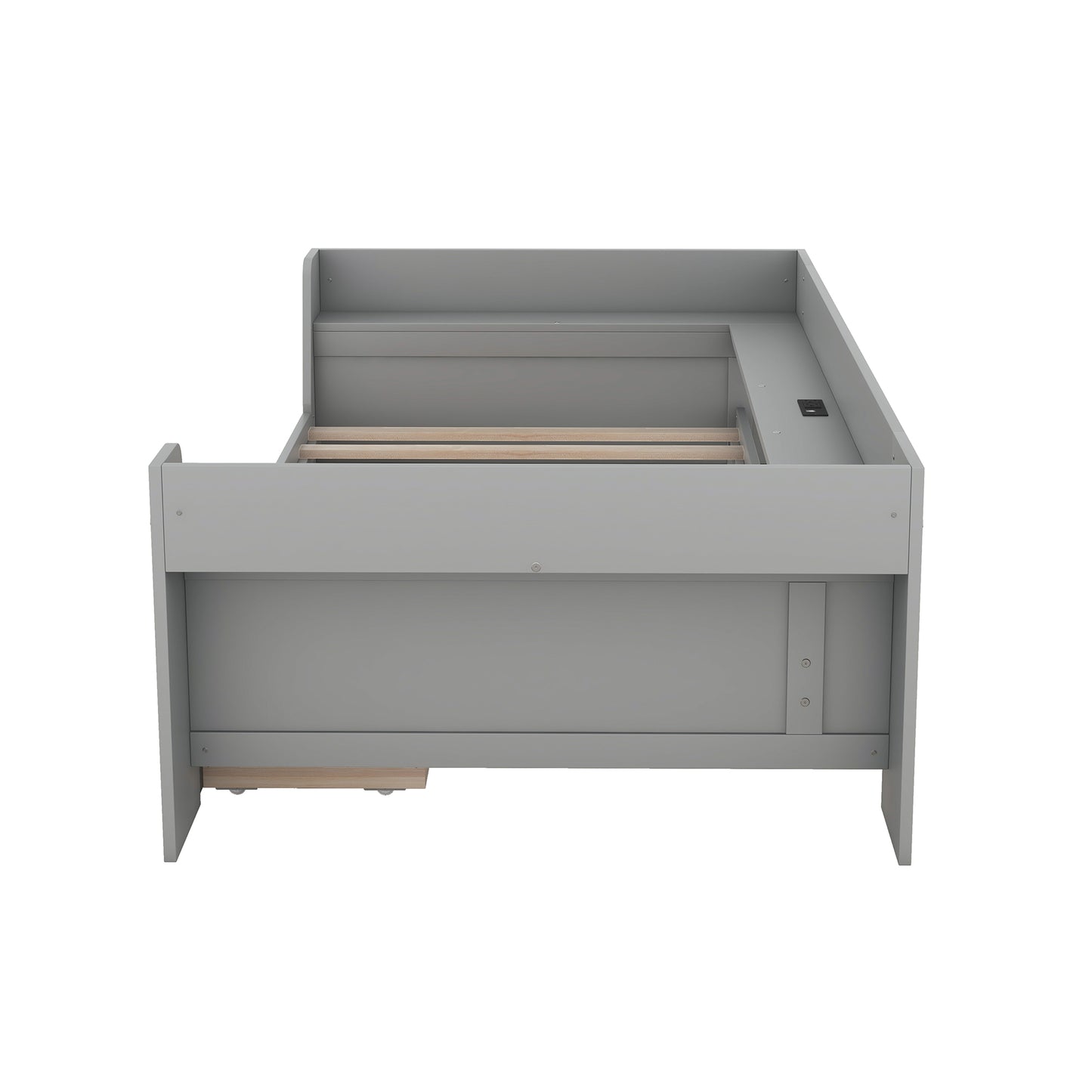 Gray wooden toddler bed with builtin charging ports