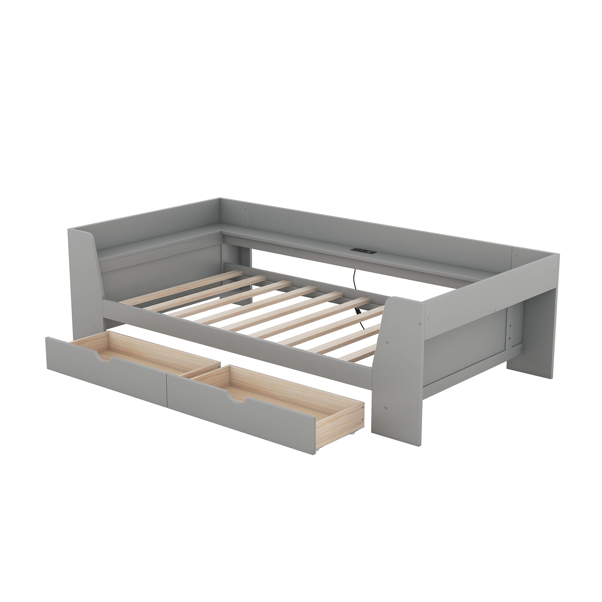 Grey wooden daybed frame with two open storage drawers and a slatted mattress base