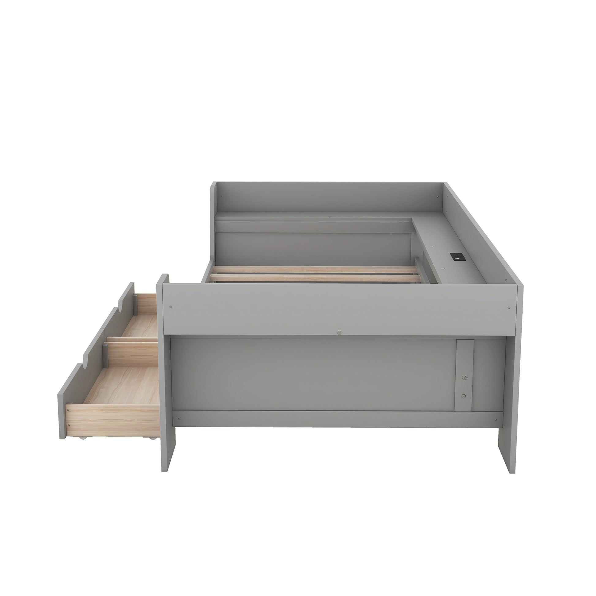 Gray Lshaped bed frame with integrated drawers and power outlet