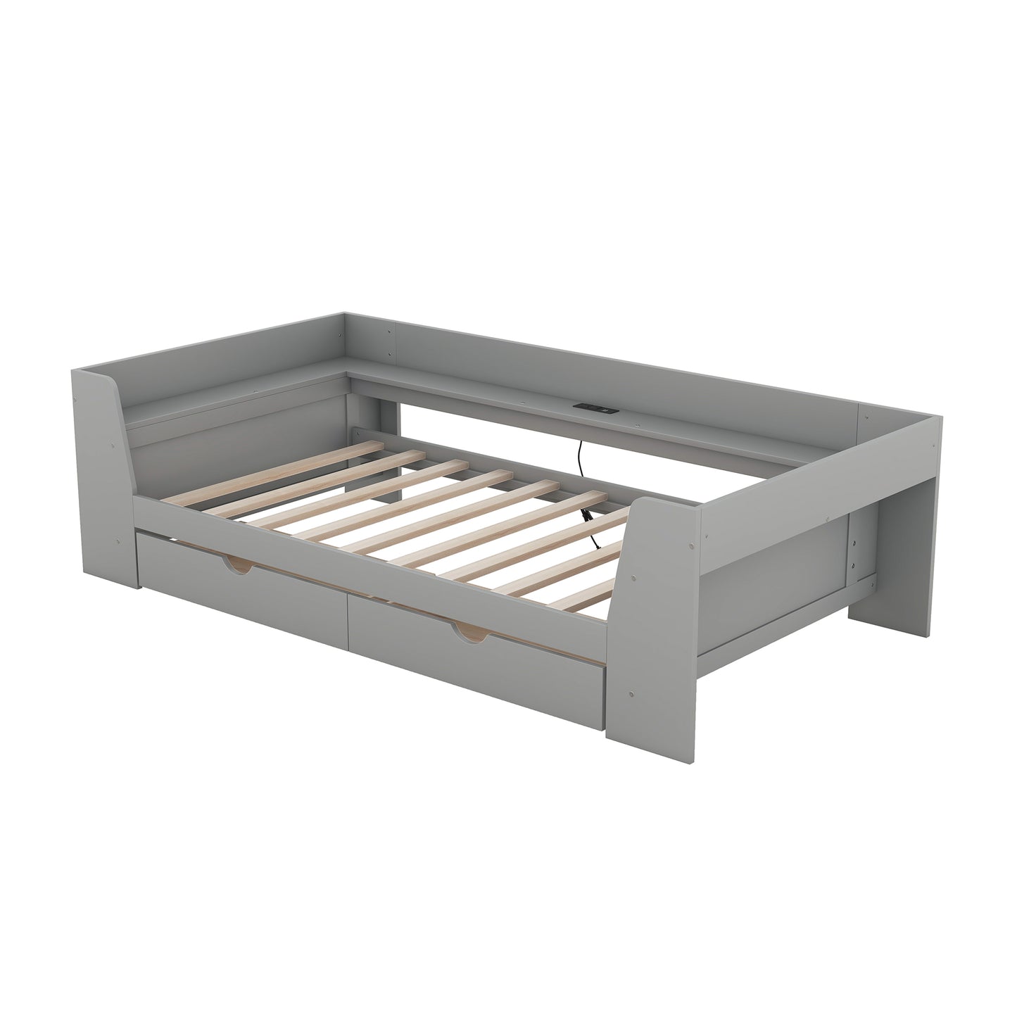 Grey wooden daybed with three drawers and a slatted base