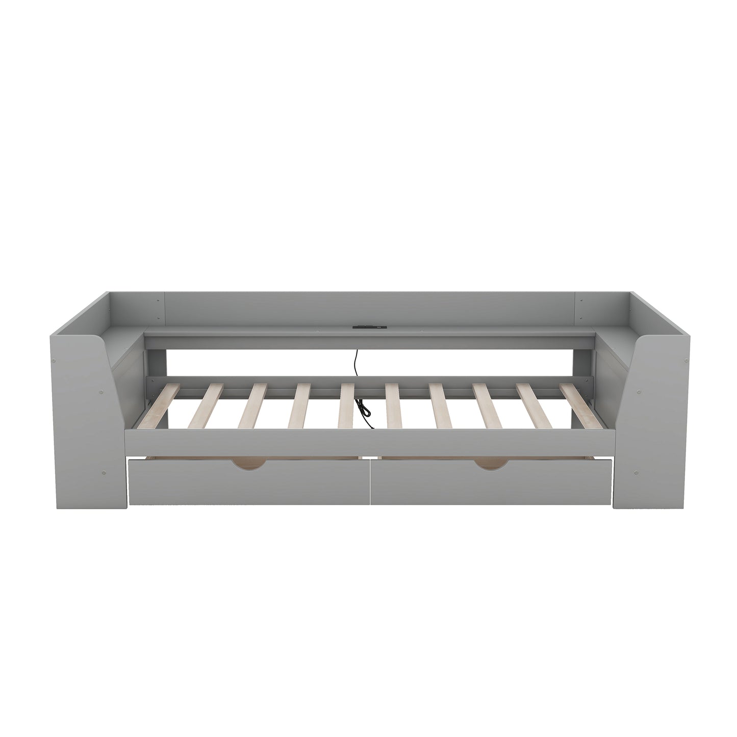 Gray wooden daybed with integrated storage drawers