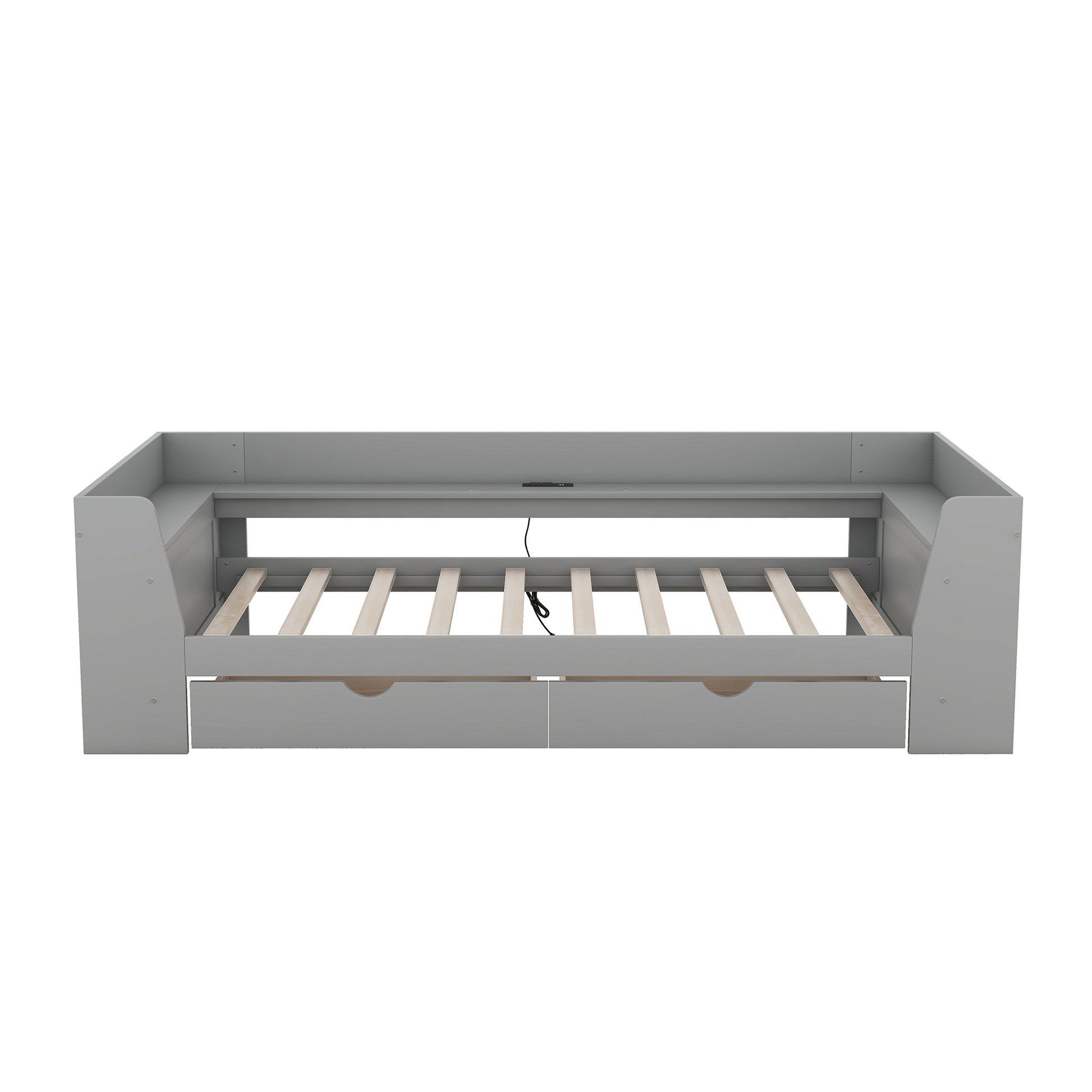 Gray wooden daybed with integrated storage drawers